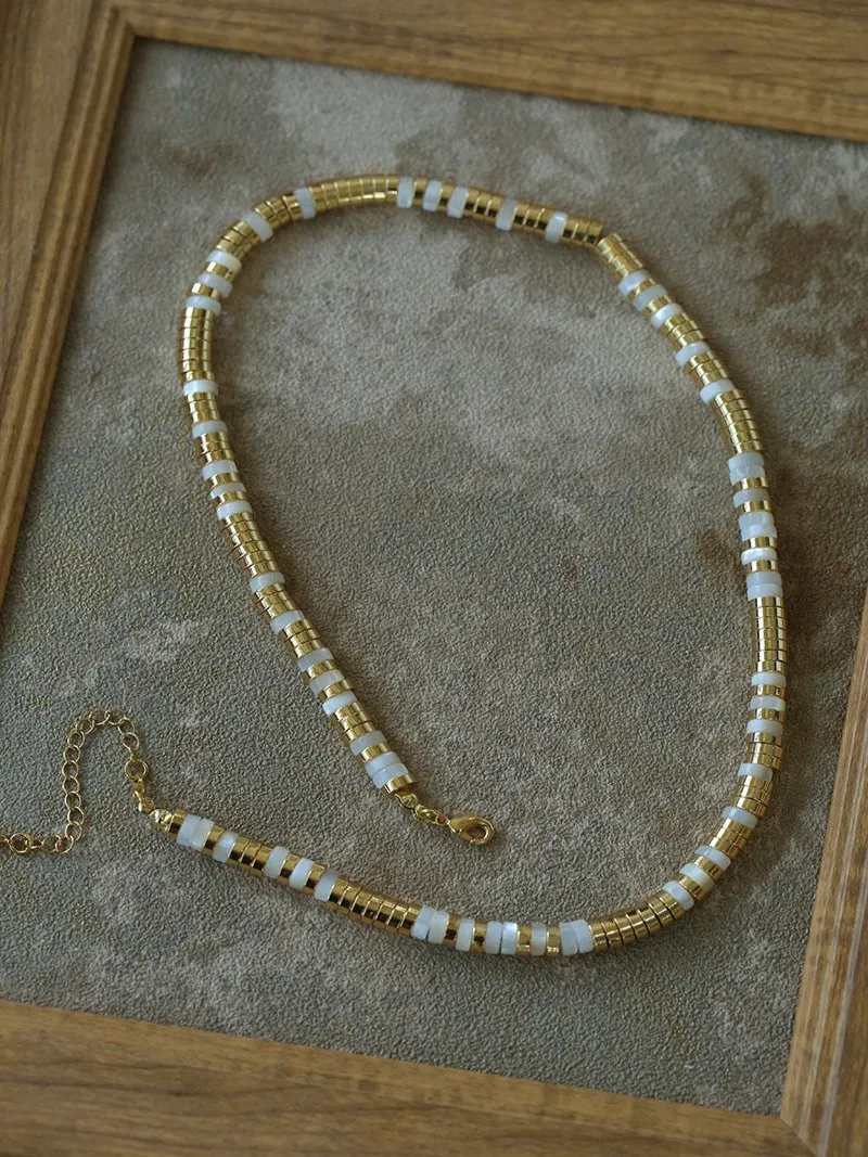 Black Onyx Tiger Eye Mother of Pearls Vintage Disc Beaded Necklace