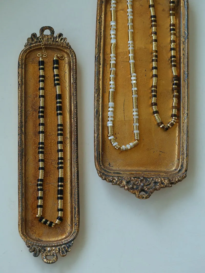 Black Onyx Tiger Eye Mother of Pearls Vintage Disc Beaded Necklace