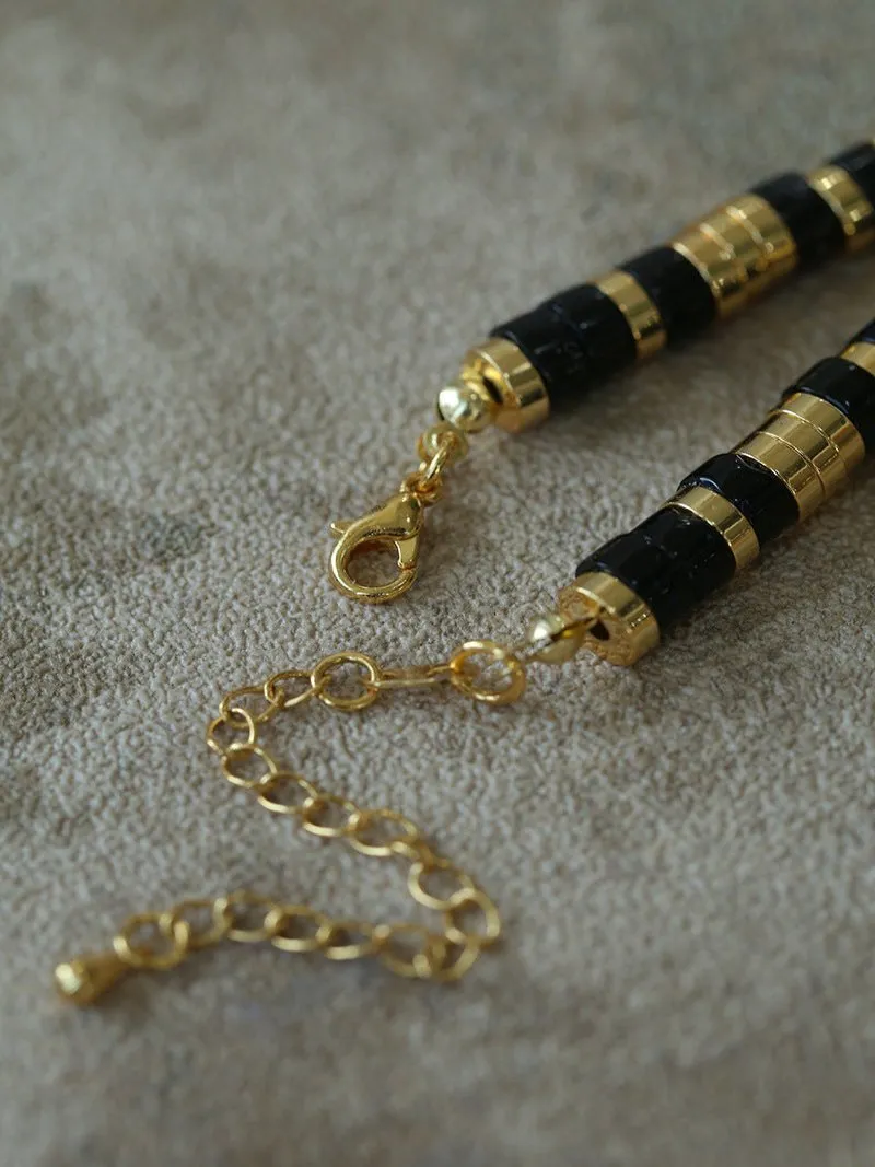 Black Onyx Tiger Eye Mother of Pearls Vintage Disc Beaded Necklace