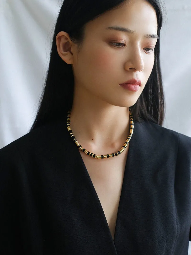 Black Onyx Tiger Eye Mother of Pearls Vintage Disc Beaded Necklace