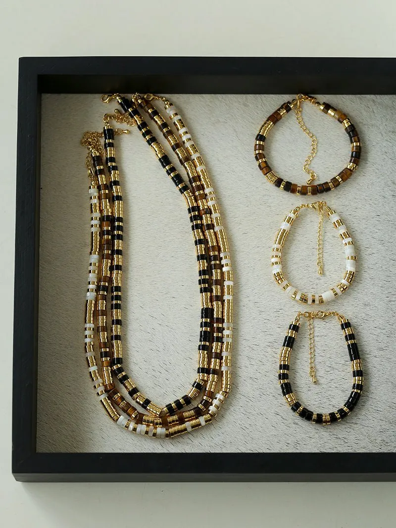 Black Onyx Tiger Eye Mother of Pearls Vintage Disc Beaded Necklace