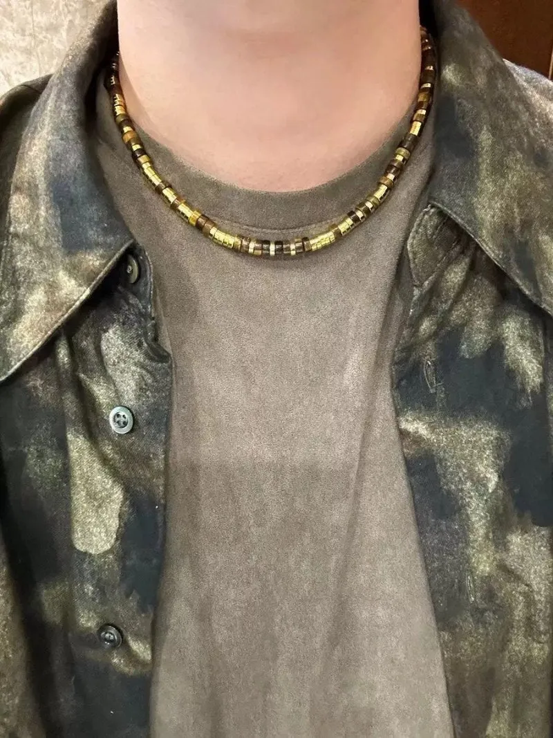 Black Onyx Tiger Eye Mother of Pearls Vintage Disc Beaded Necklace