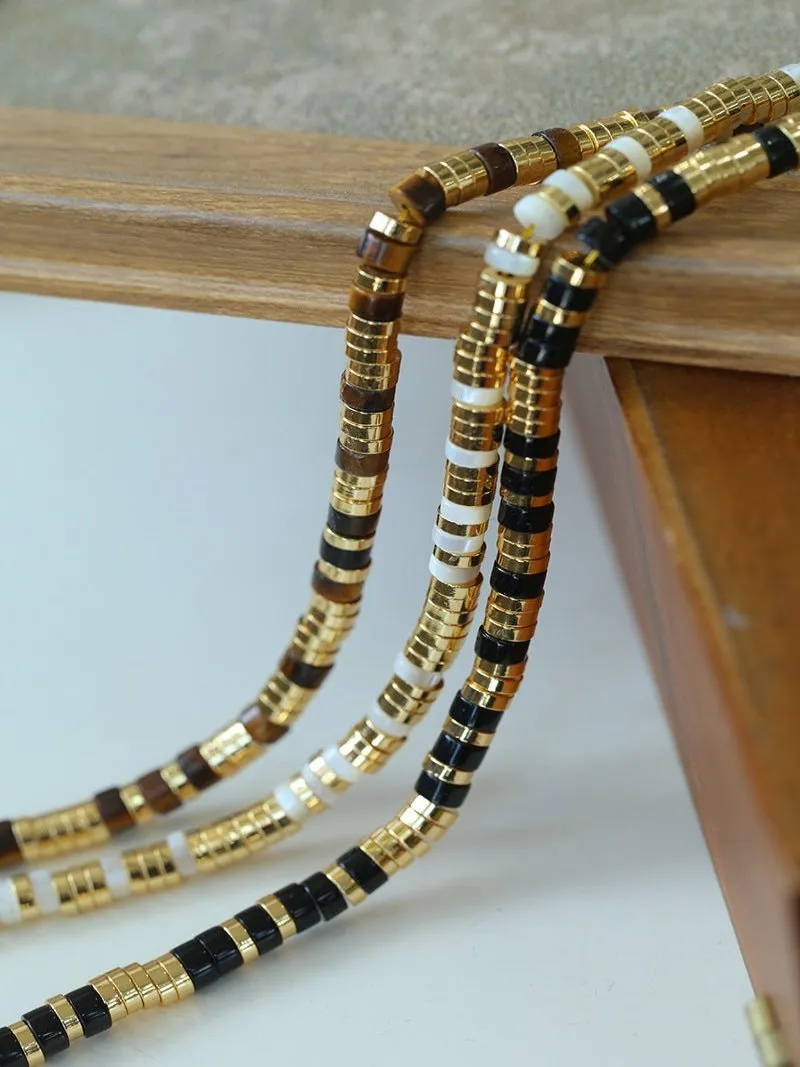 Black Onyx Tiger Eye Mother of Pearls Vintage Disc Beaded Necklace