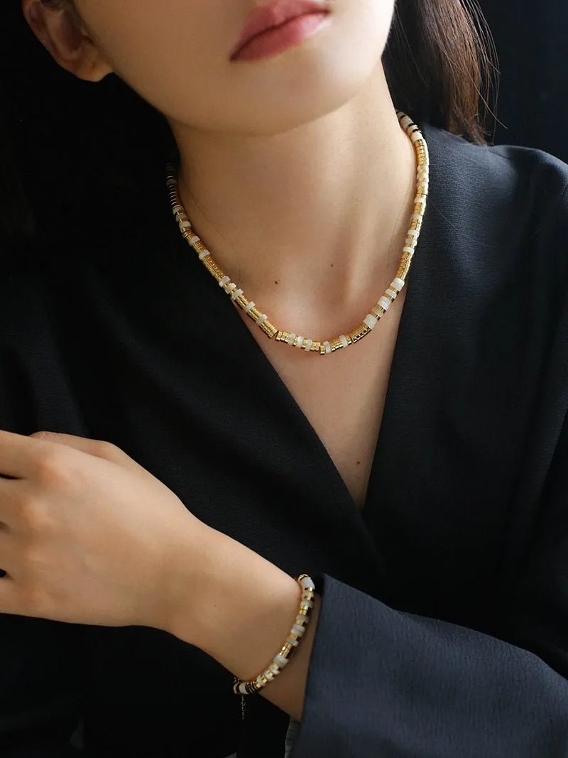 Black Onyx Tiger Eye Mother of Pearls Vintage Disc Beaded Necklace