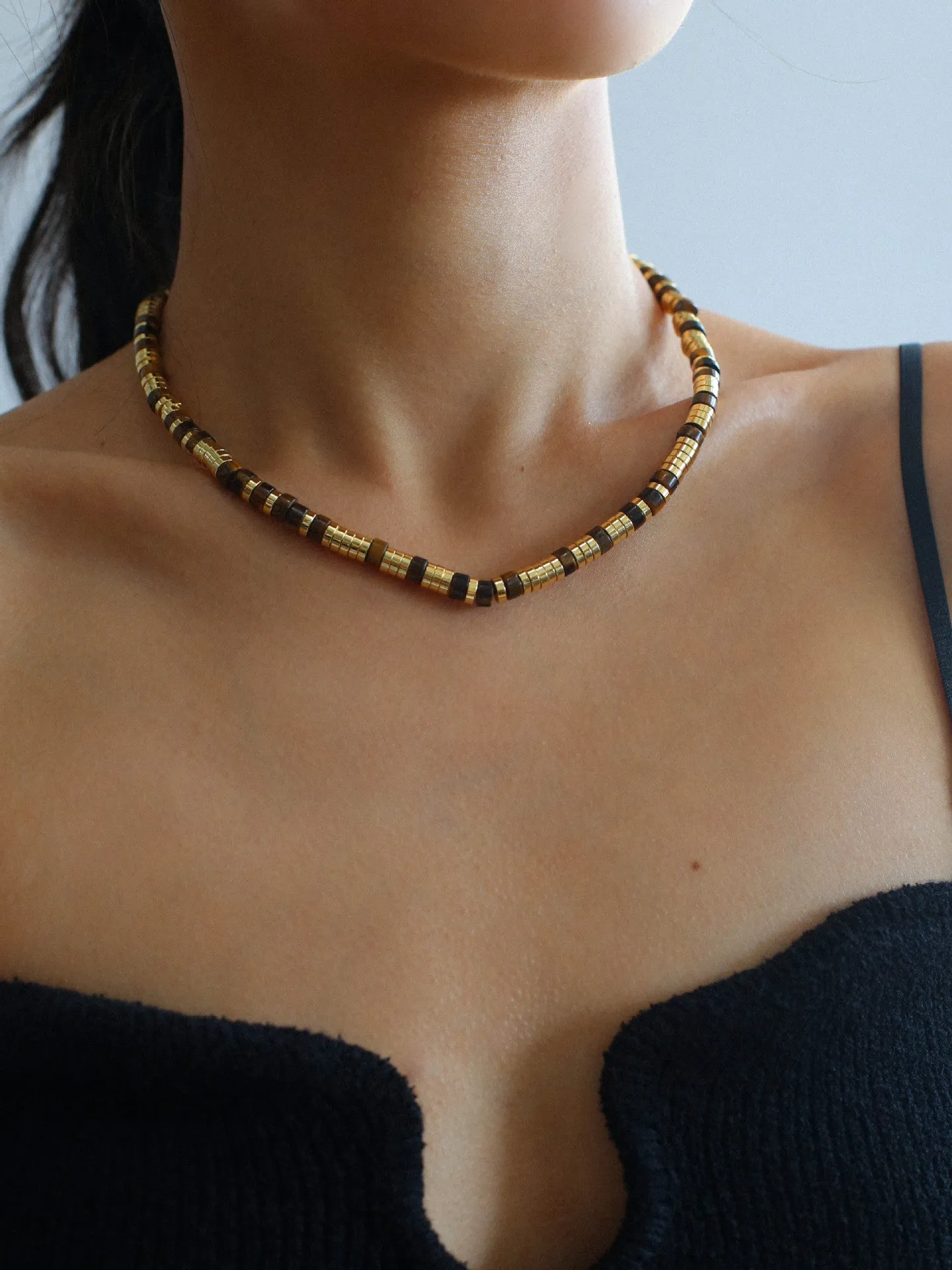 Black Onyx Tiger Eye Mother of Pearls Vintage Disc Beaded Necklace
