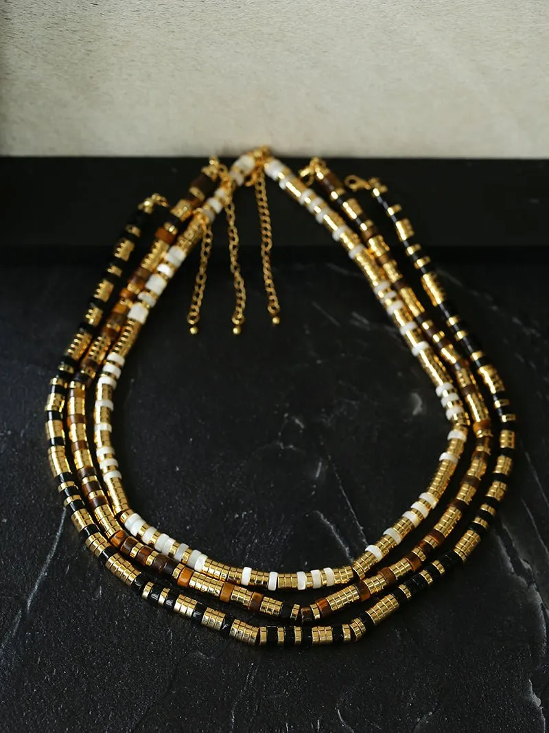 Black Onyx Tiger Eye Mother of Pearls Vintage Disc Beaded Necklace