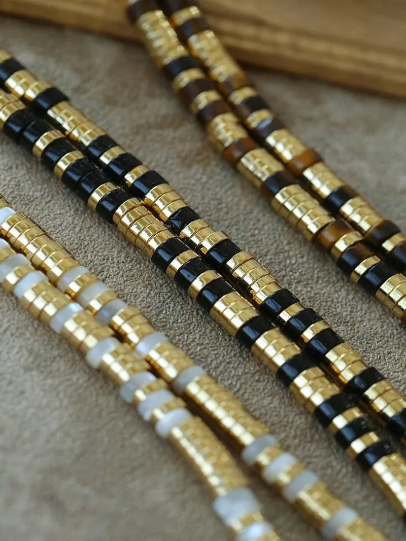 Black Onyx Tiger Eye Mother of Pearls Vintage Disc Beaded Necklace