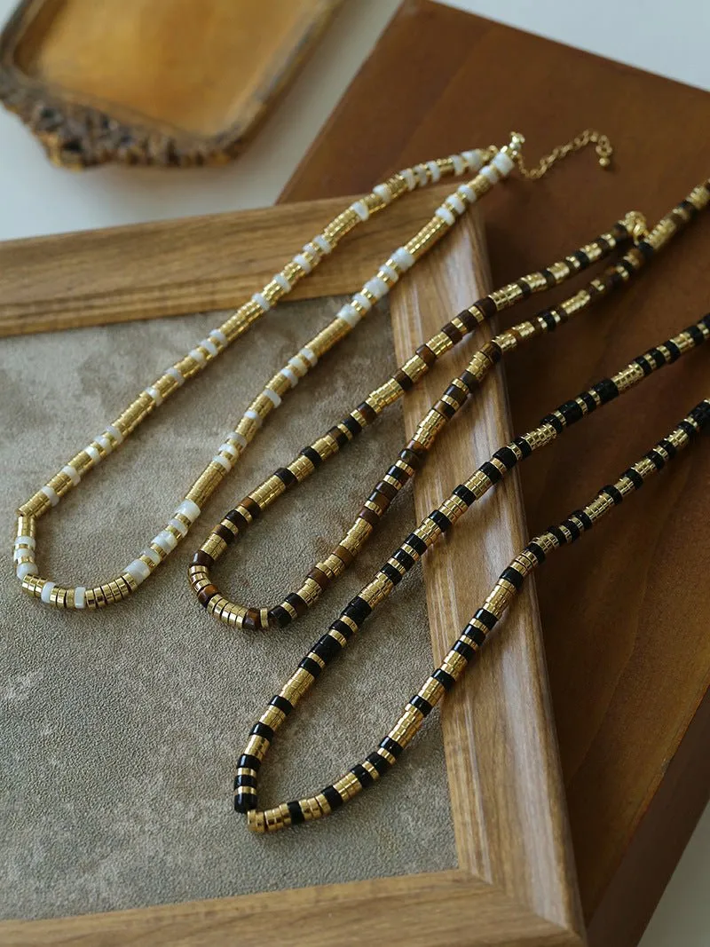 Black Onyx Tiger Eye Mother of Pearls Vintage Disc Beaded Necklace