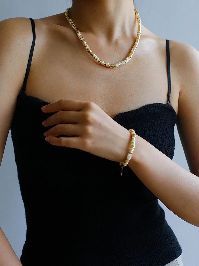 Black Onyx Tiger Eye Mother of Pearls Vintage Disc Beaded Necklace