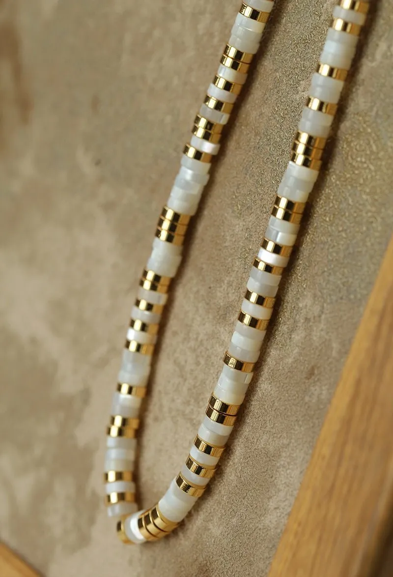 Black Onyx Tiger Eye Mother of Pearls Vintage Disc Beaded Necklace