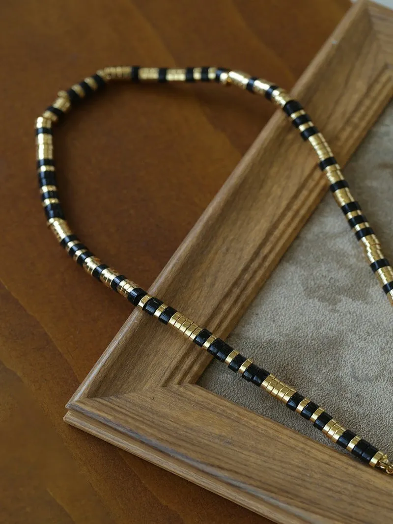 Black Onyx Tiger Eye Mother of Pearls Vintage Disc Beaded Necklace