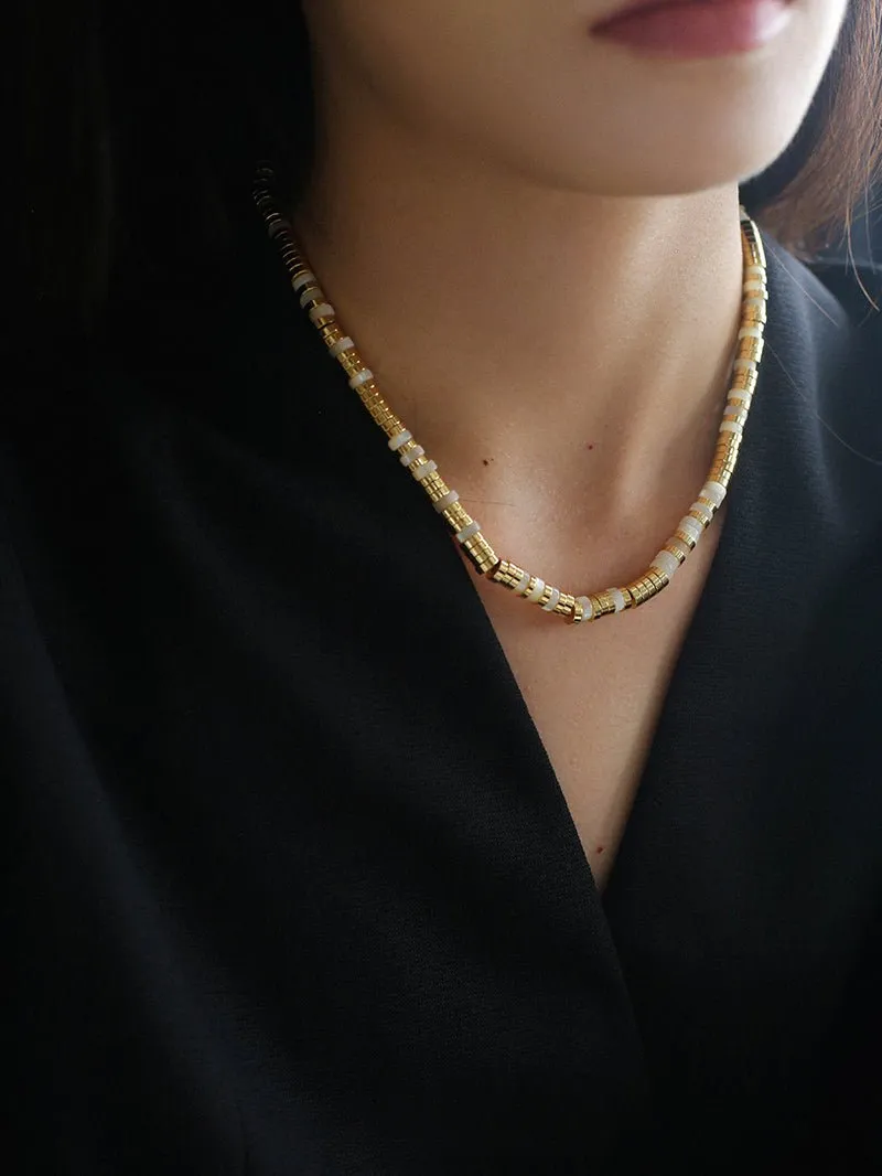 Black Onyx Tiger Eye Mother of Pearls Vintage Disc Beaded Necklace