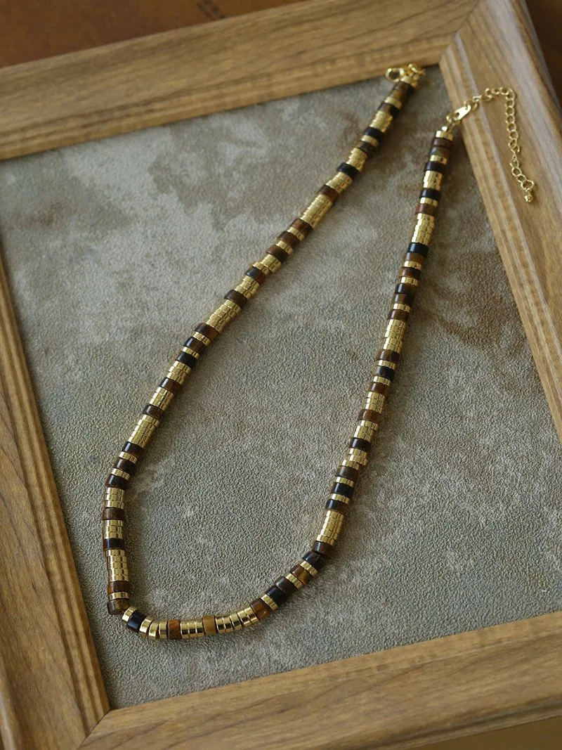 Black Onyx Tiger Eye Mother of Pearls Vintage Disc Beaded Necklace