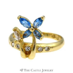 Blue Topaz & Cubic Zirconia Flower Designed Ring in 18k Yellow Gold