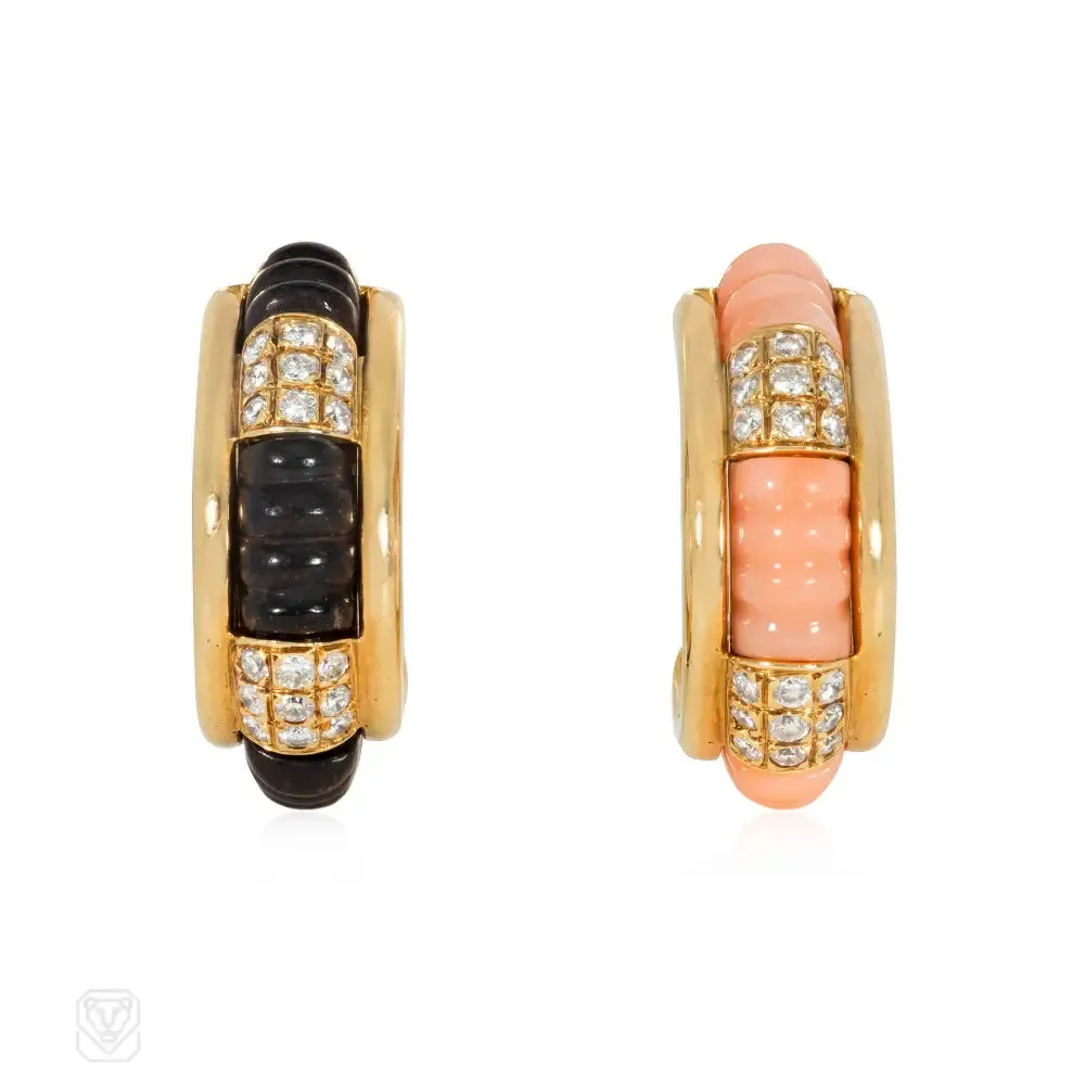 Boucheron, Paris interchangeable diamond, wood, and coral hoop earrings