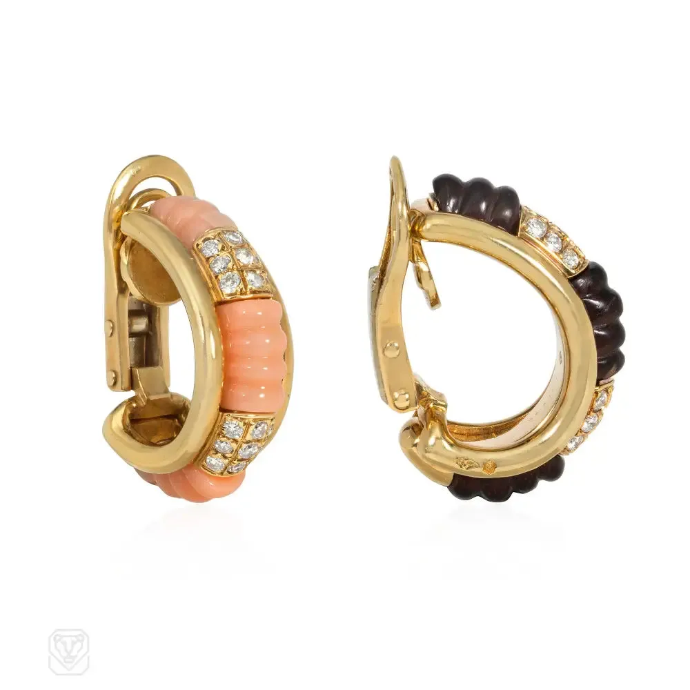 Boucheron, Paris interchangeable diamond, wood, and coral hoop earrings