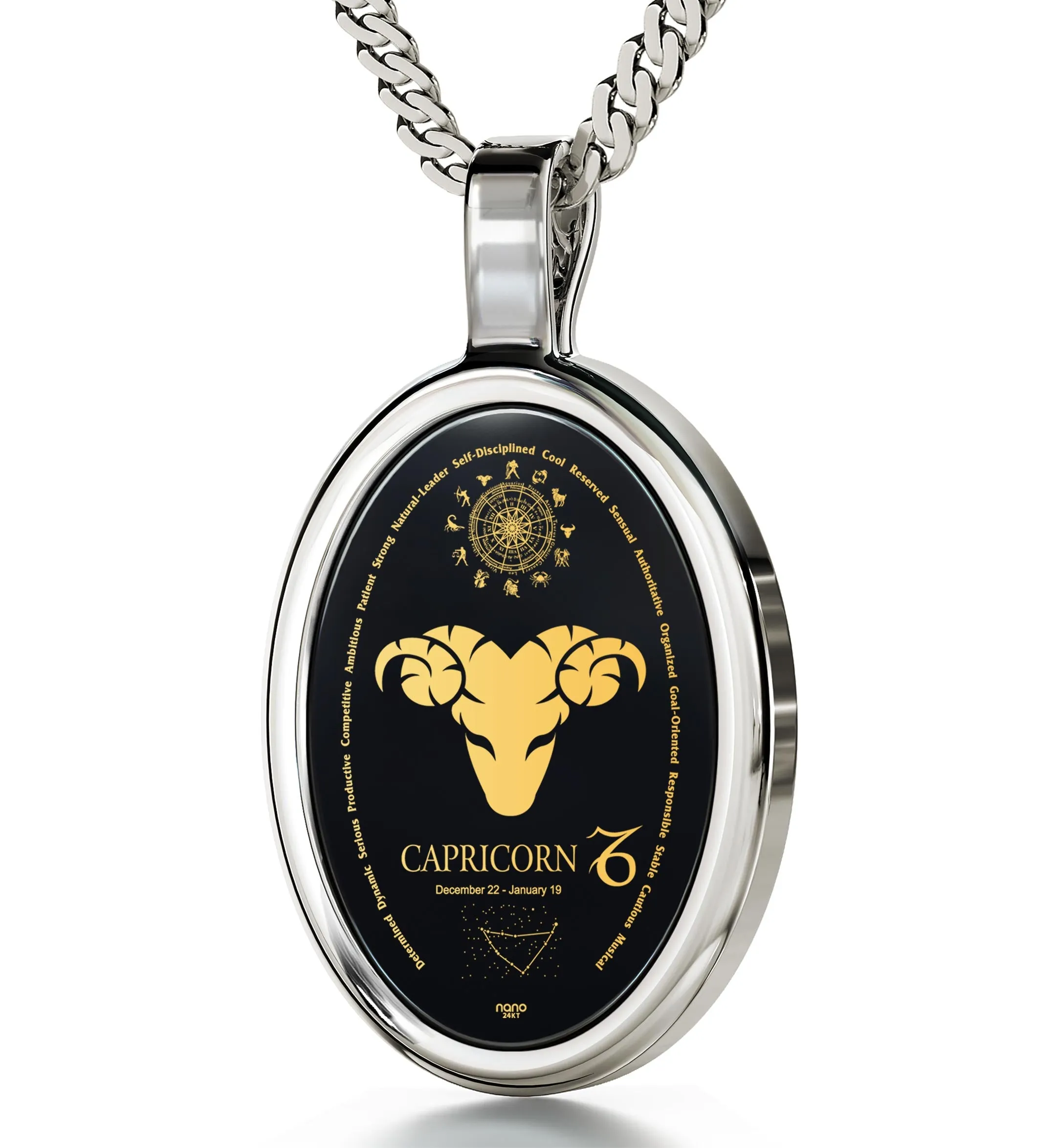 Capricorn Necklace Zodiac Pendant 24k Gold Inscribed on Onyx Stone