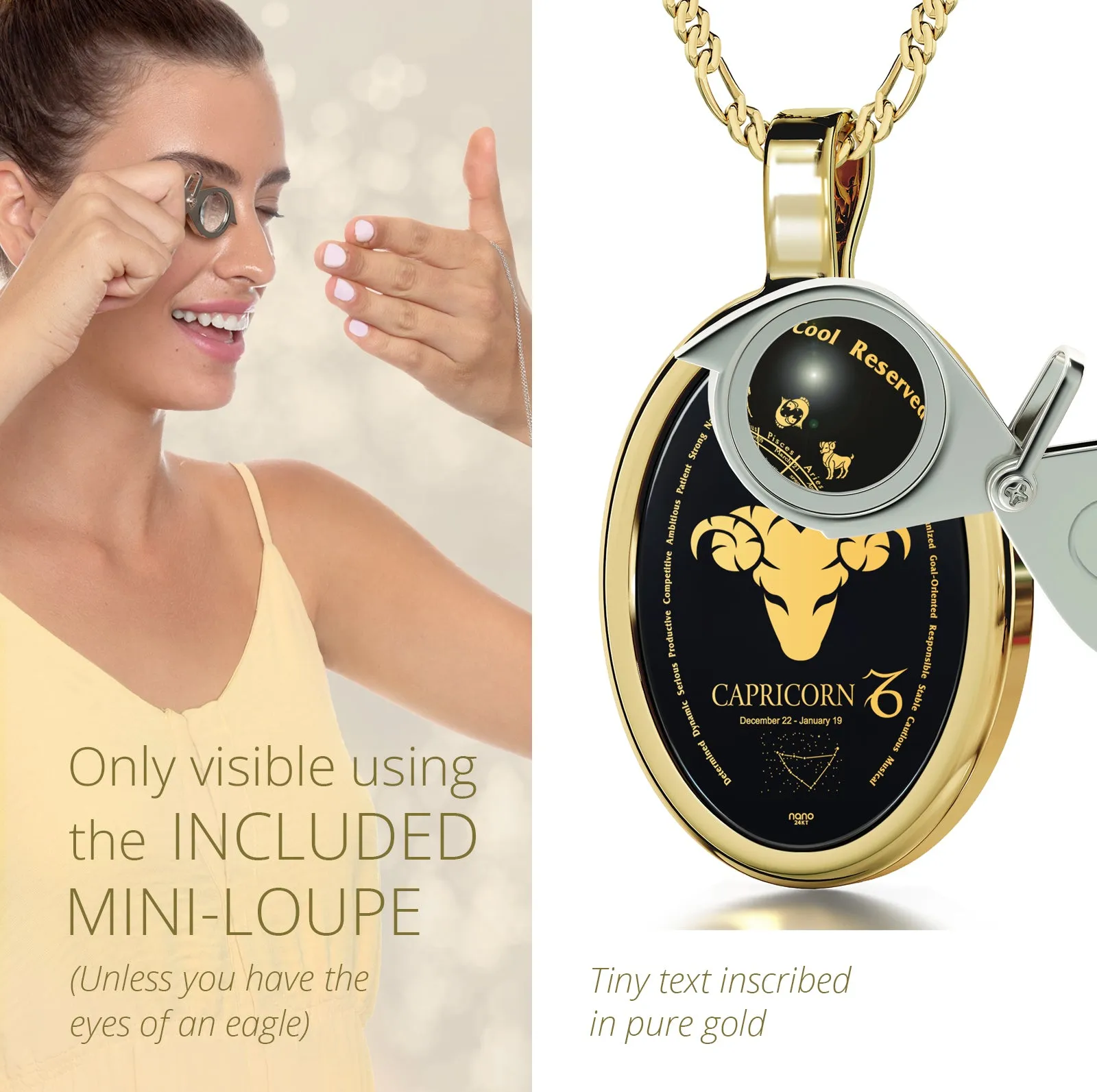 Capricorn Necklace Zodiac Pendant 24k Gold Inscribed on Onyx Stone