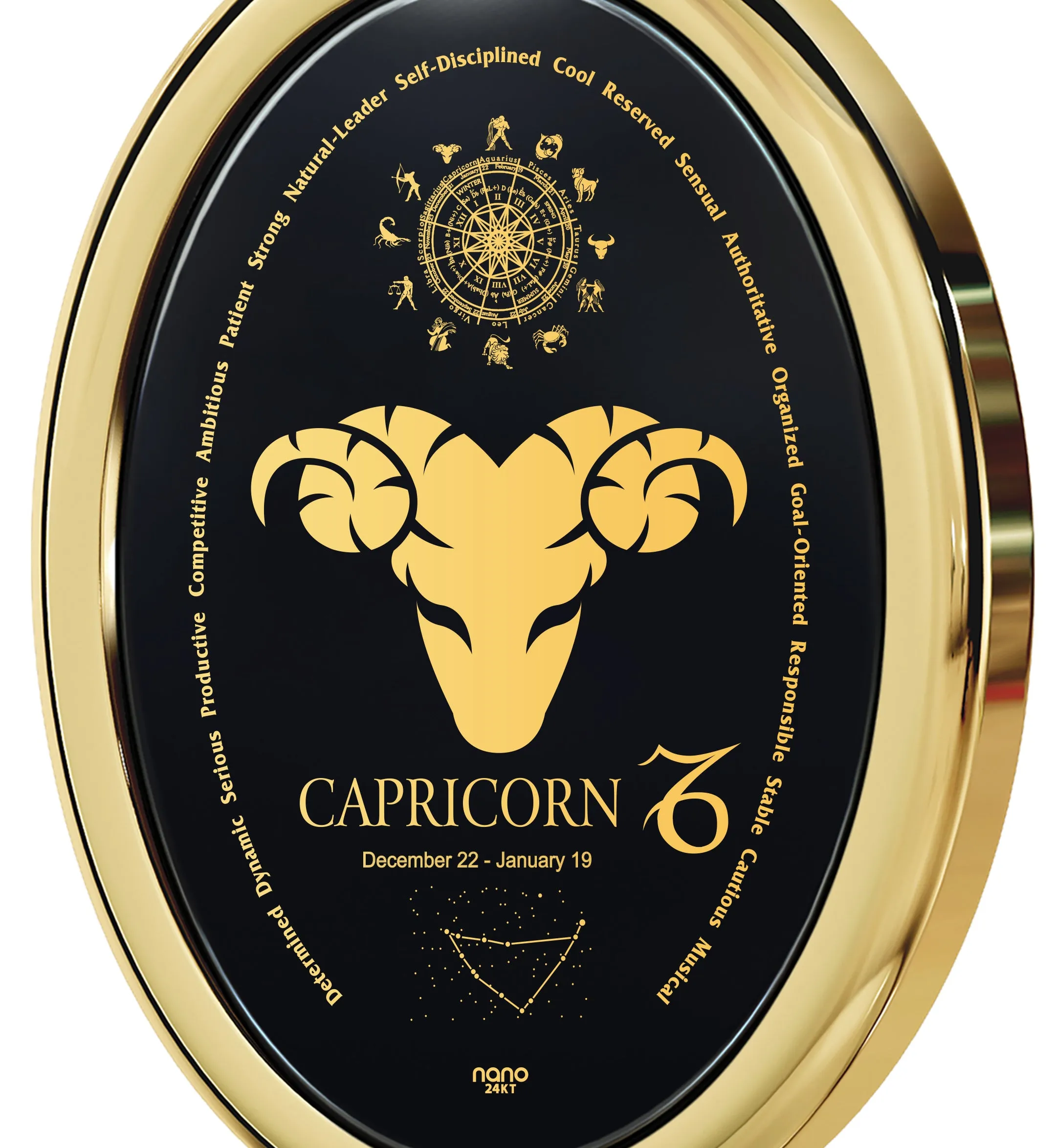 Capricorn Necklace Zodiac Pendant 24k Gold Inscribed on Onyx Stone