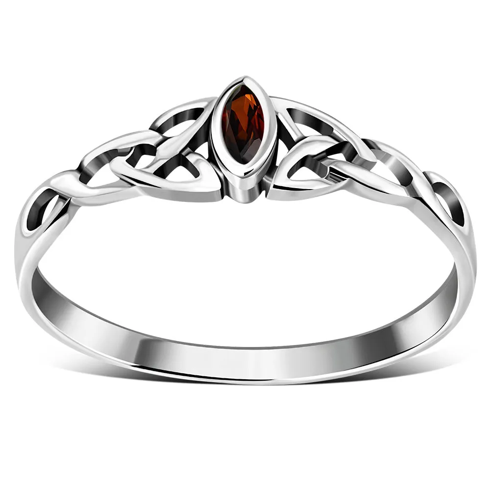 Celtic Thin Trinity Knot Silver Ring set w/ Garnet Stone
