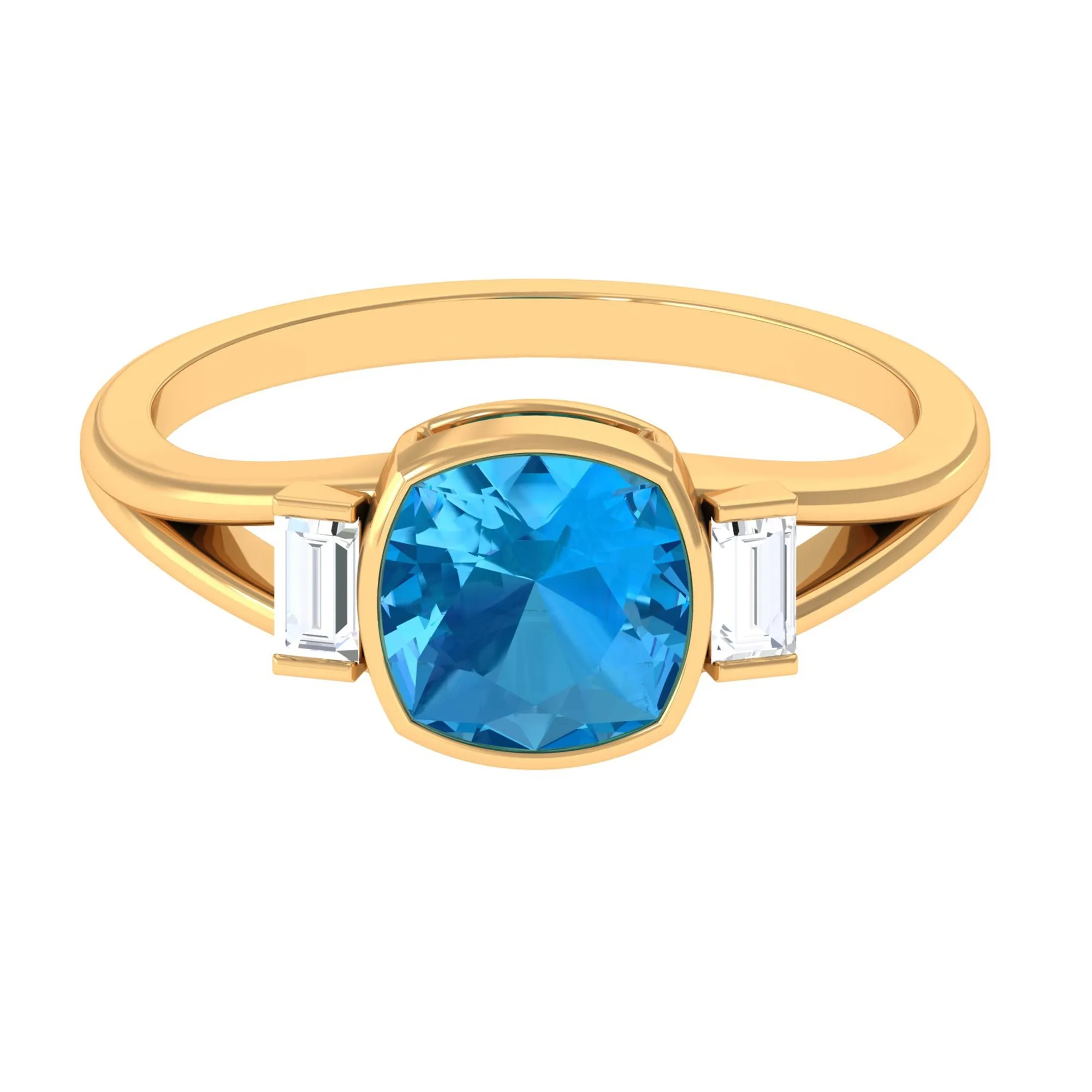 Cushion Cut Swiss Blue Topaz Solitaire Ring with Diamond in Split Shank
