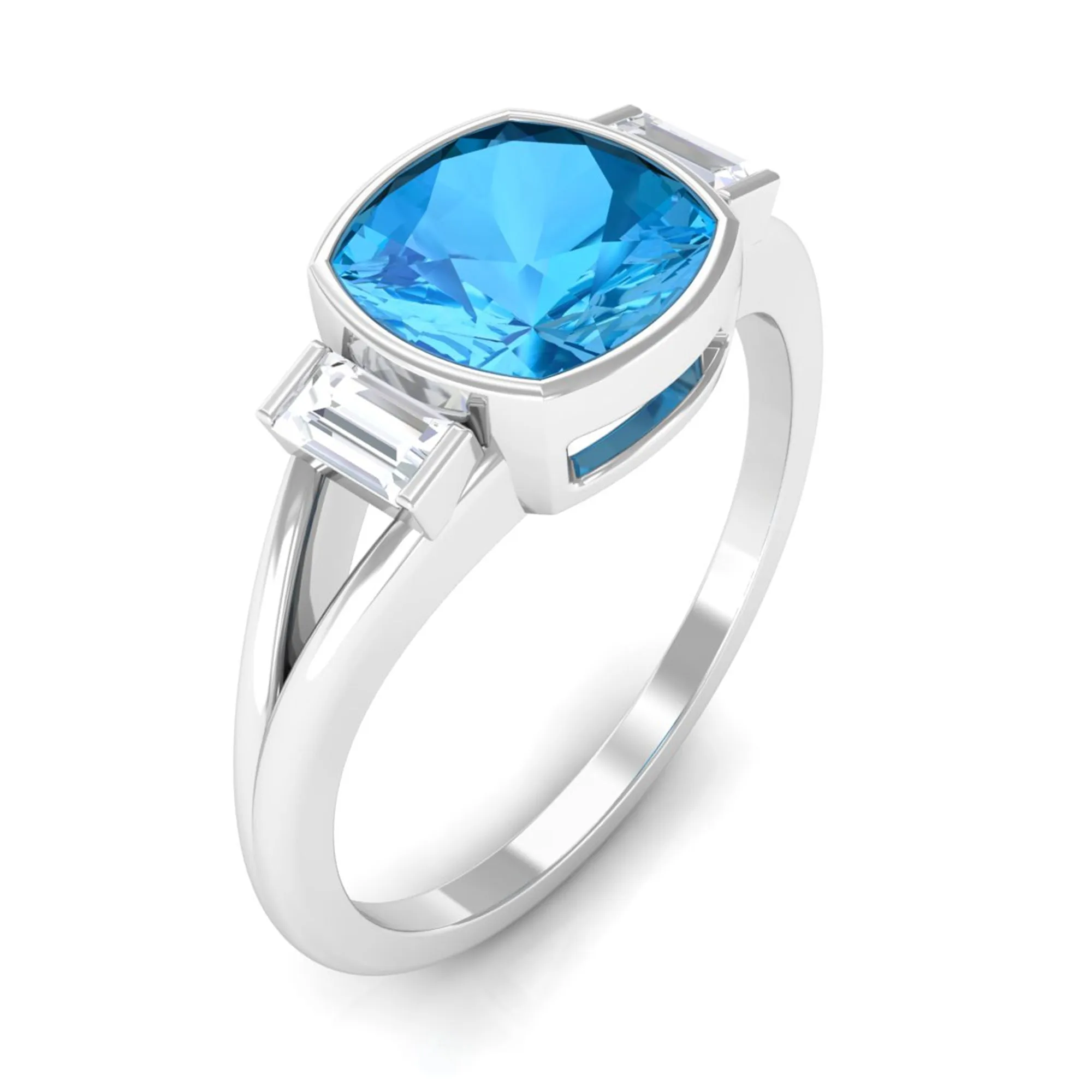 Cushion Cut Swiss Blue Topaz Solitaire Ring with Diamond in Split Shank
