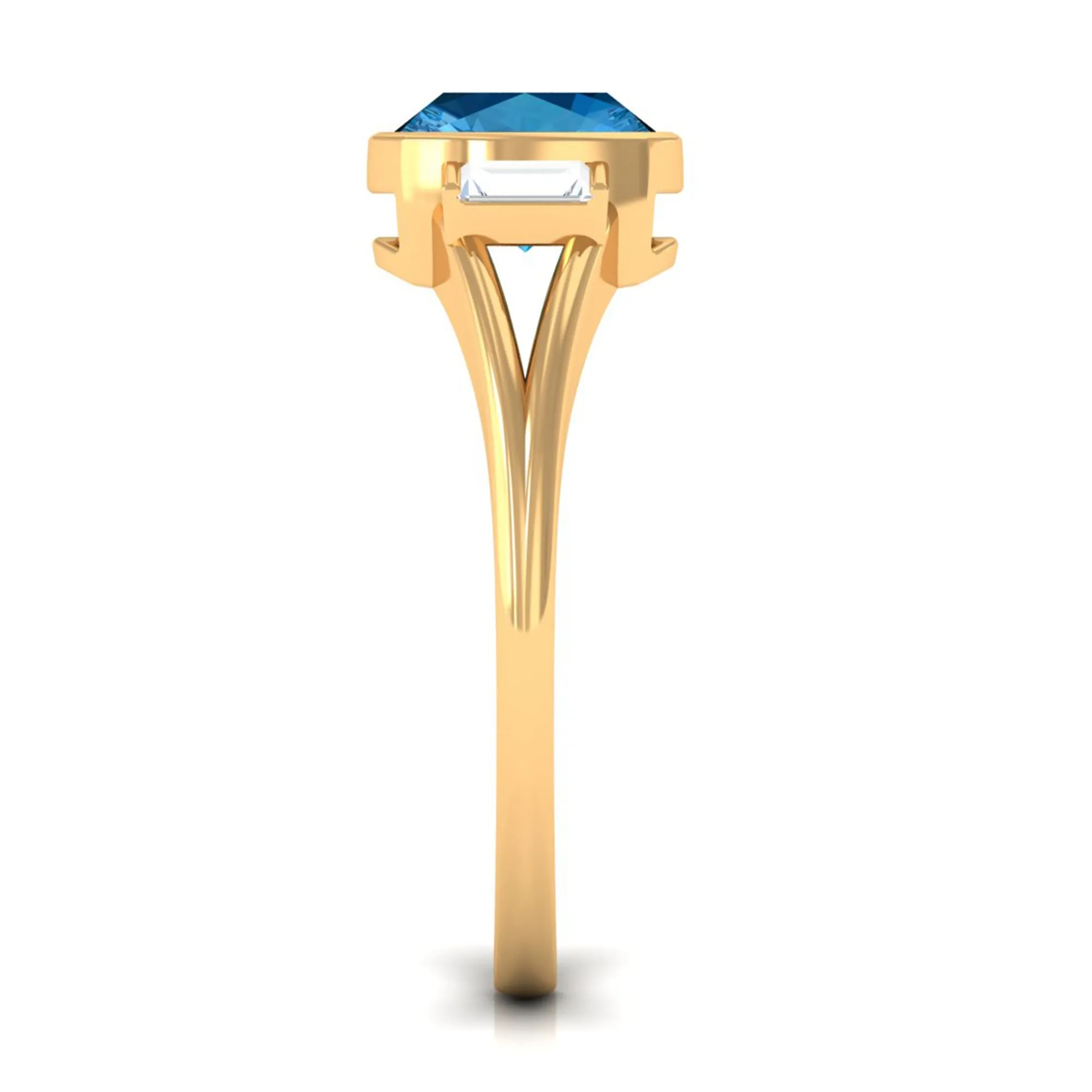 Cushion Cut Swiss Blue Topaz Solitaire Ring with Diamond in Split Shank