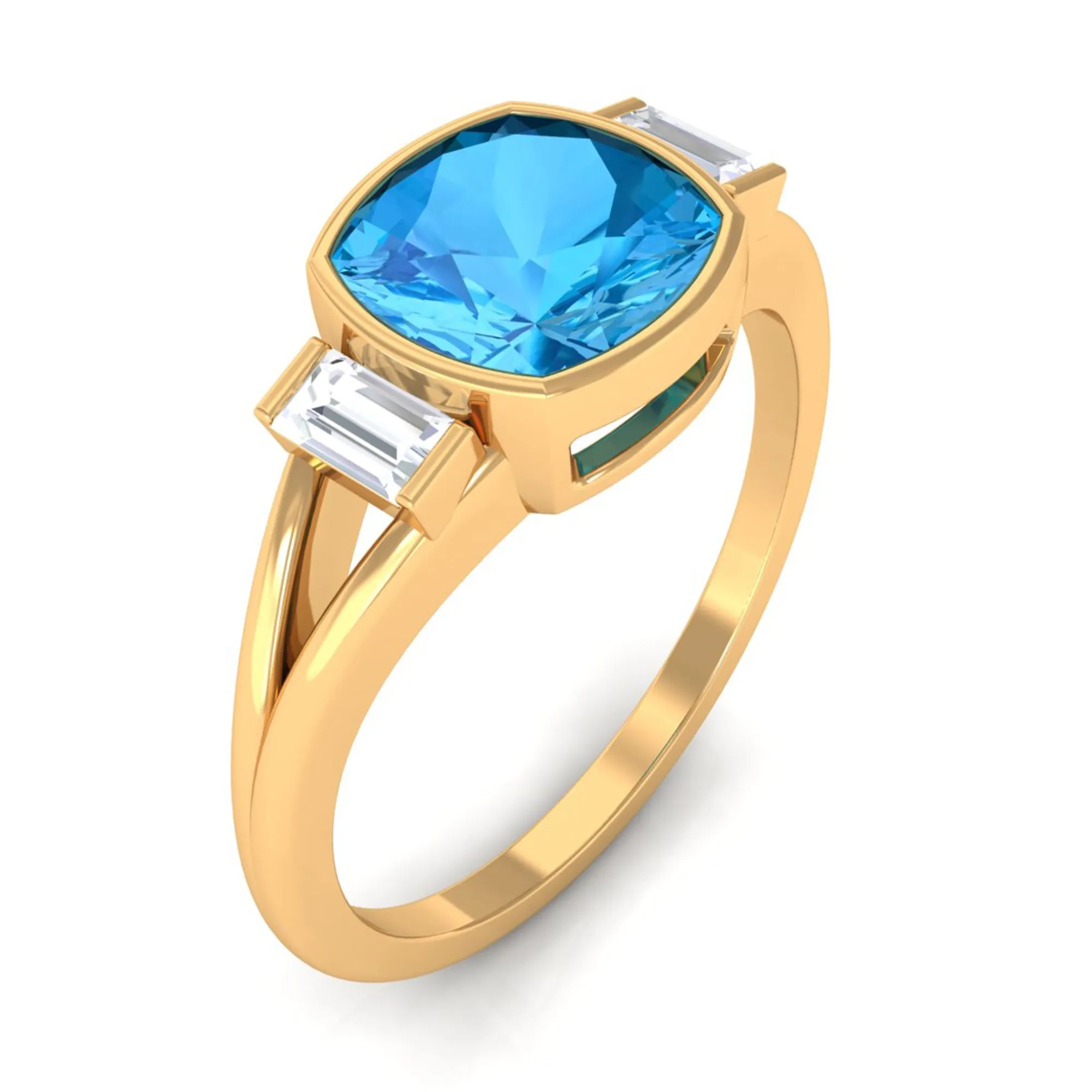 Cushion Cut Swiss Blue Topaz Solitaire Ring with Diamond in Split Shank