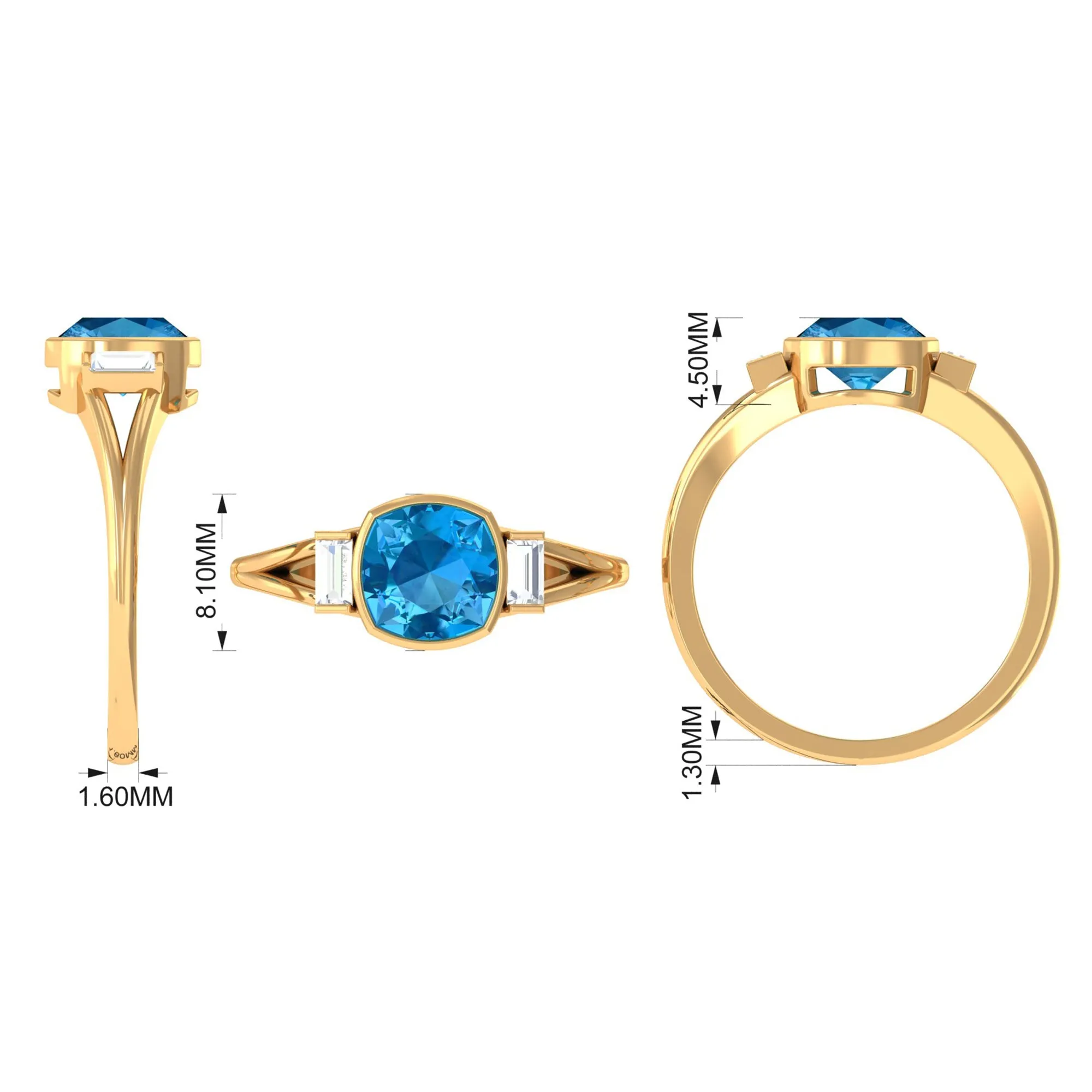 Cushion Cut Swiss Blue Topaz Solitaire Ring with Diamond in Split Shank