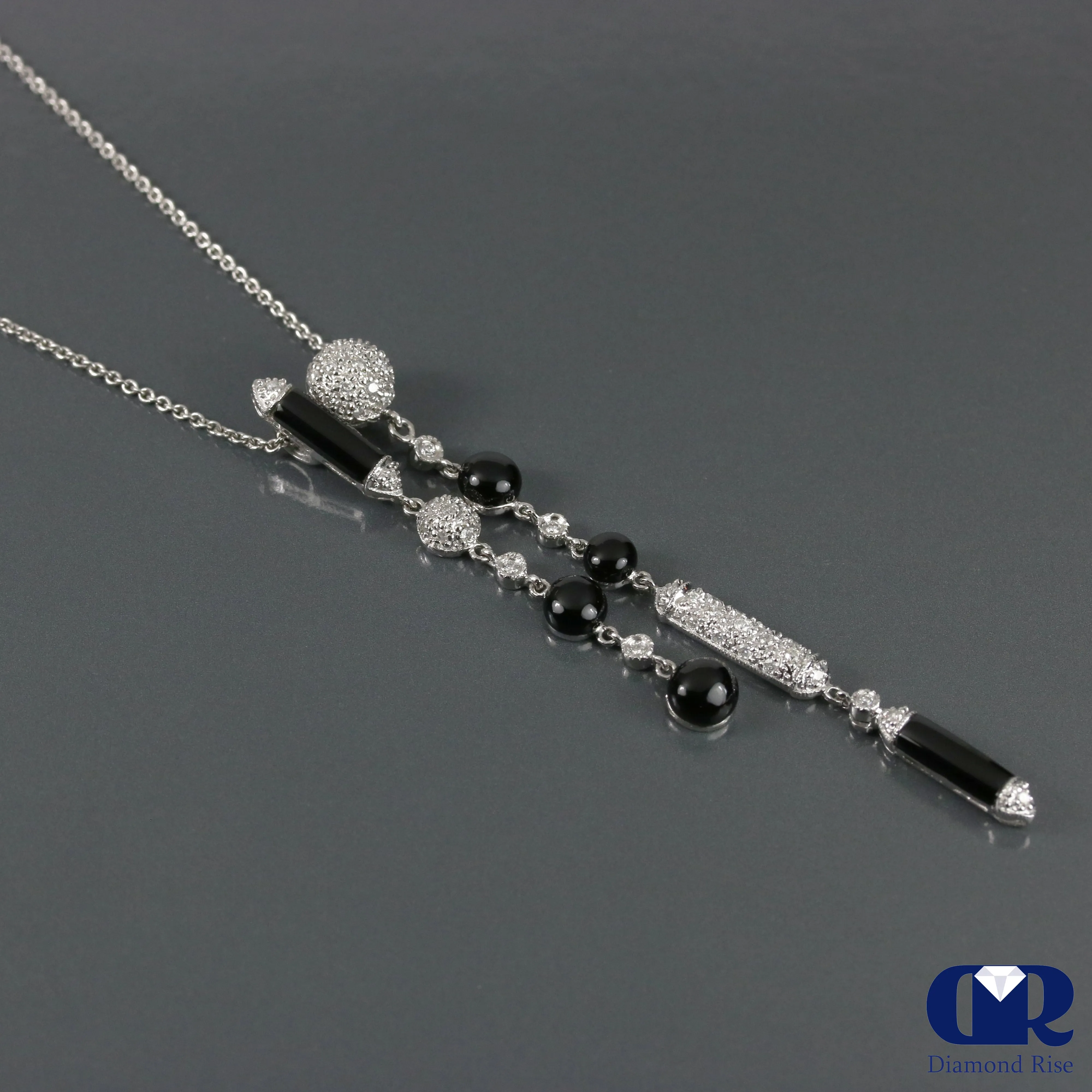 Diamond & Onyx Pendant Necklace In 18K White Gold With 16" Chain
