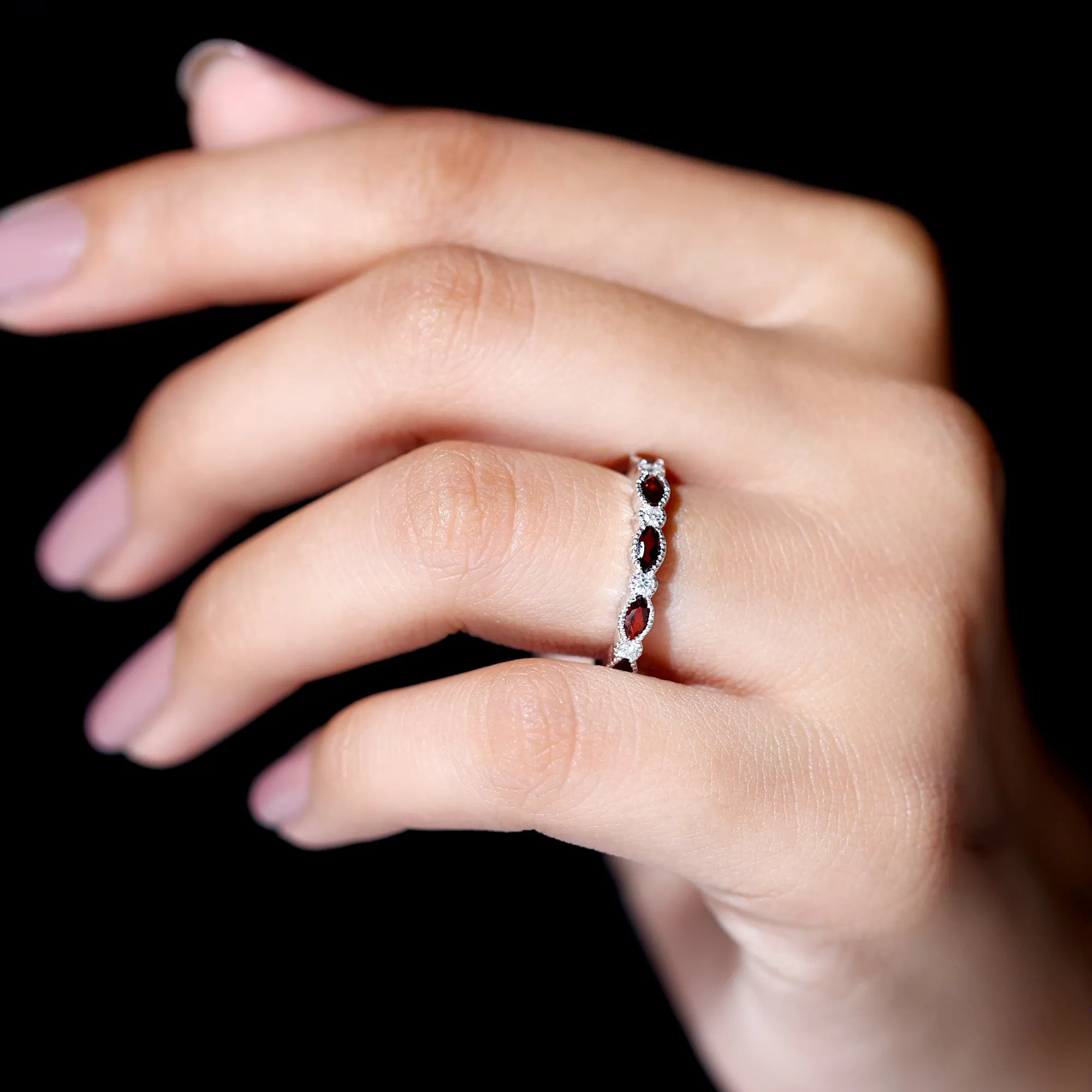 East West Half Eternity Ring with Marquise Cut Garnet and Diamond