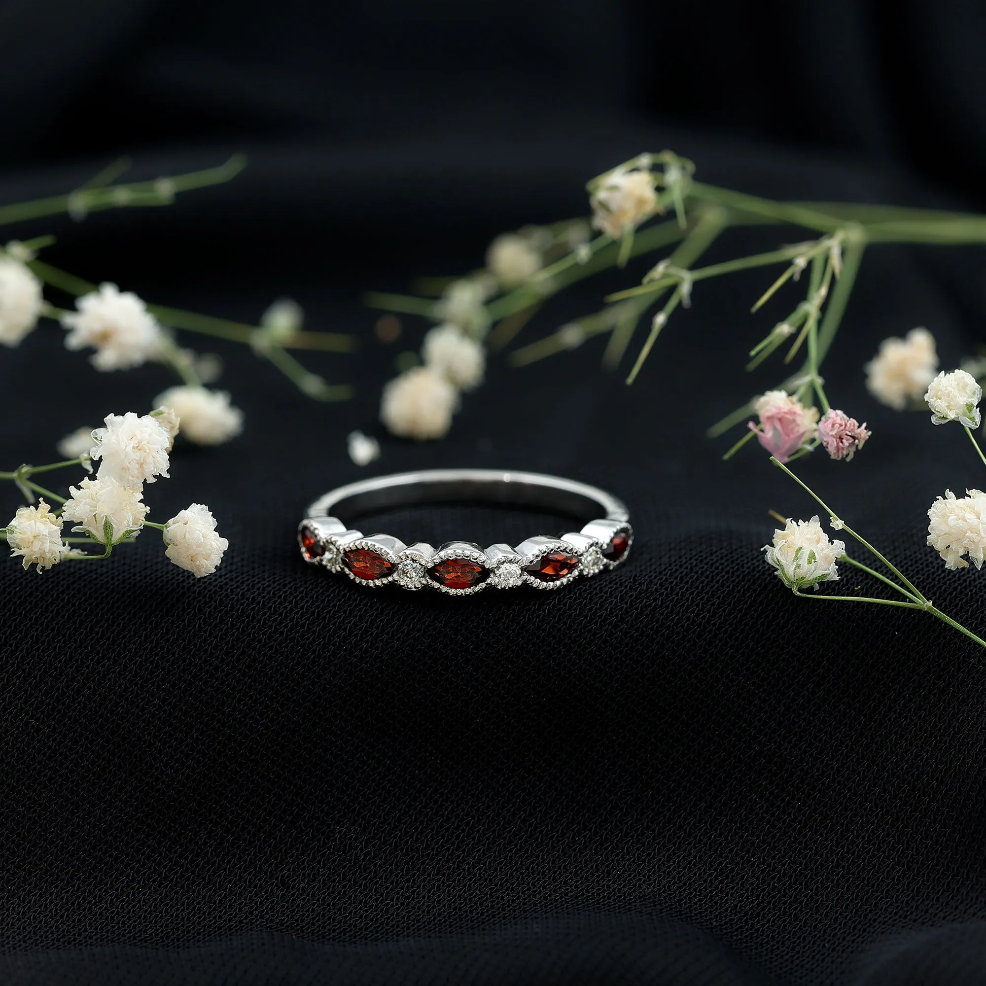 East West Half Eternity Ring with Marquise Cut Garnet and Diamond