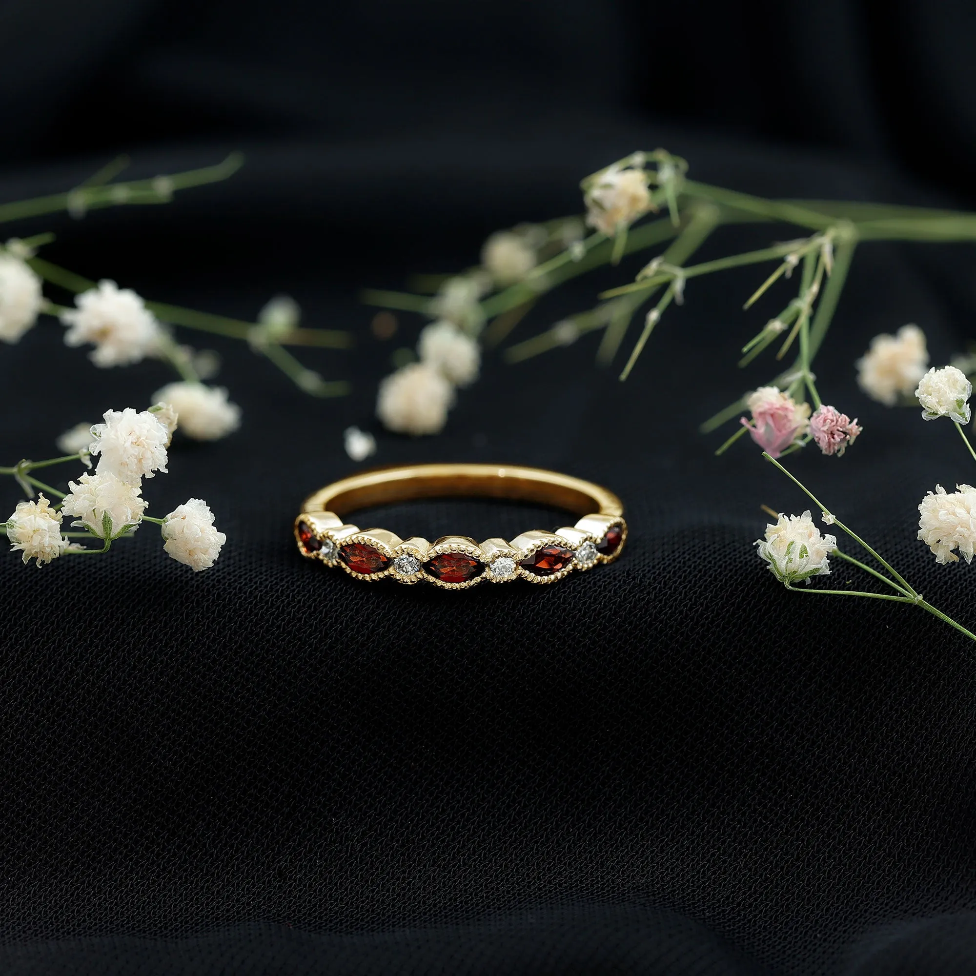 East West Half Eternity Ring with Marquise Cut Garnet and Diamond
