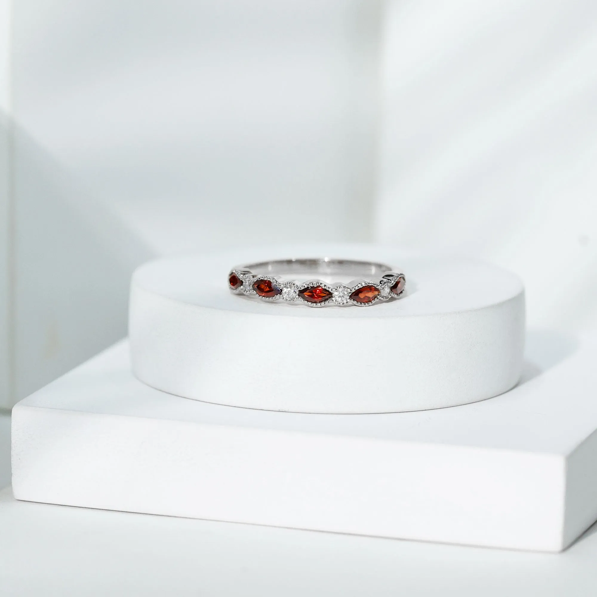 East West Half Eternity Ring with Marquise Cut Garnet and Diamond