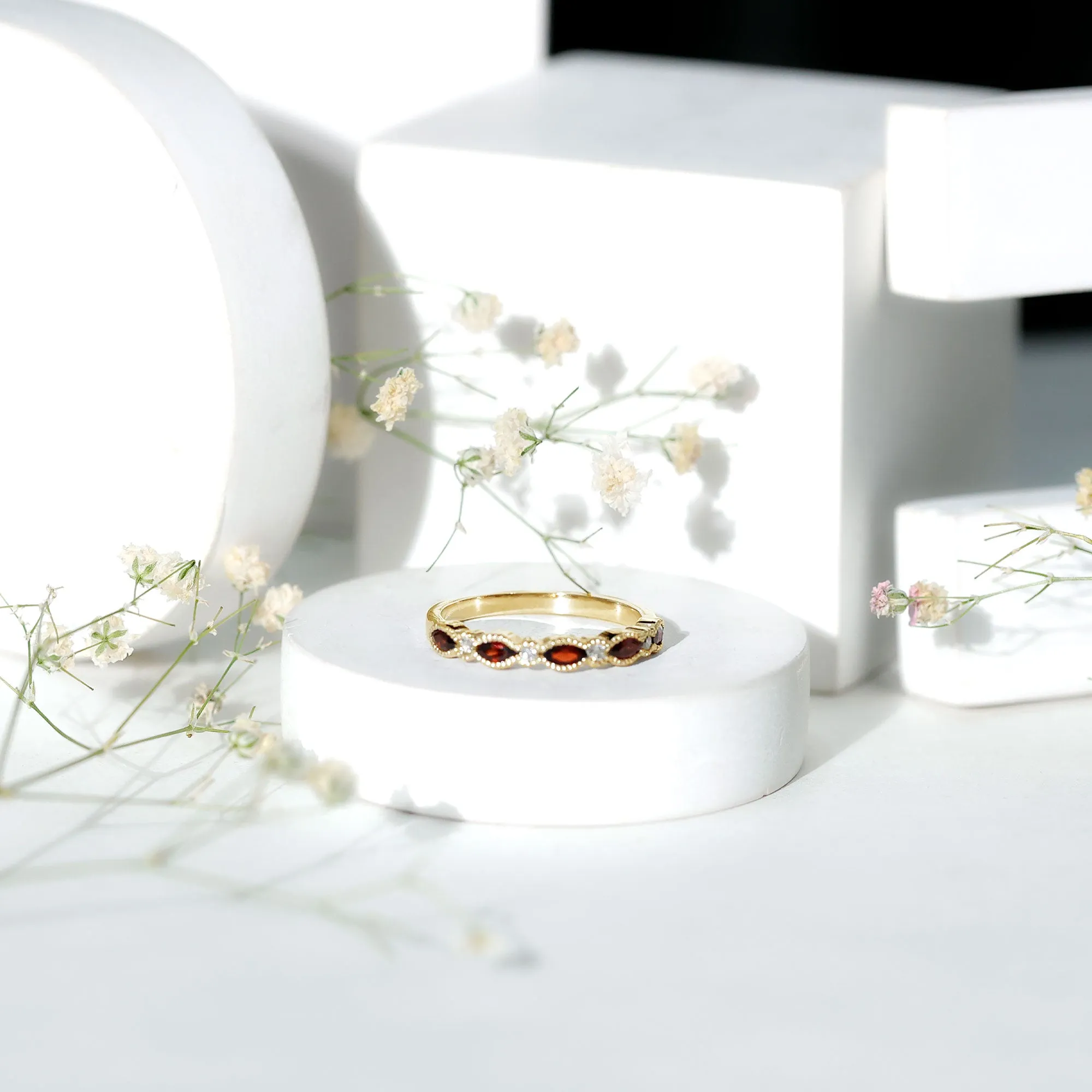 East West Half Eternity Ring with Marquise Cut Garnet and Diamond