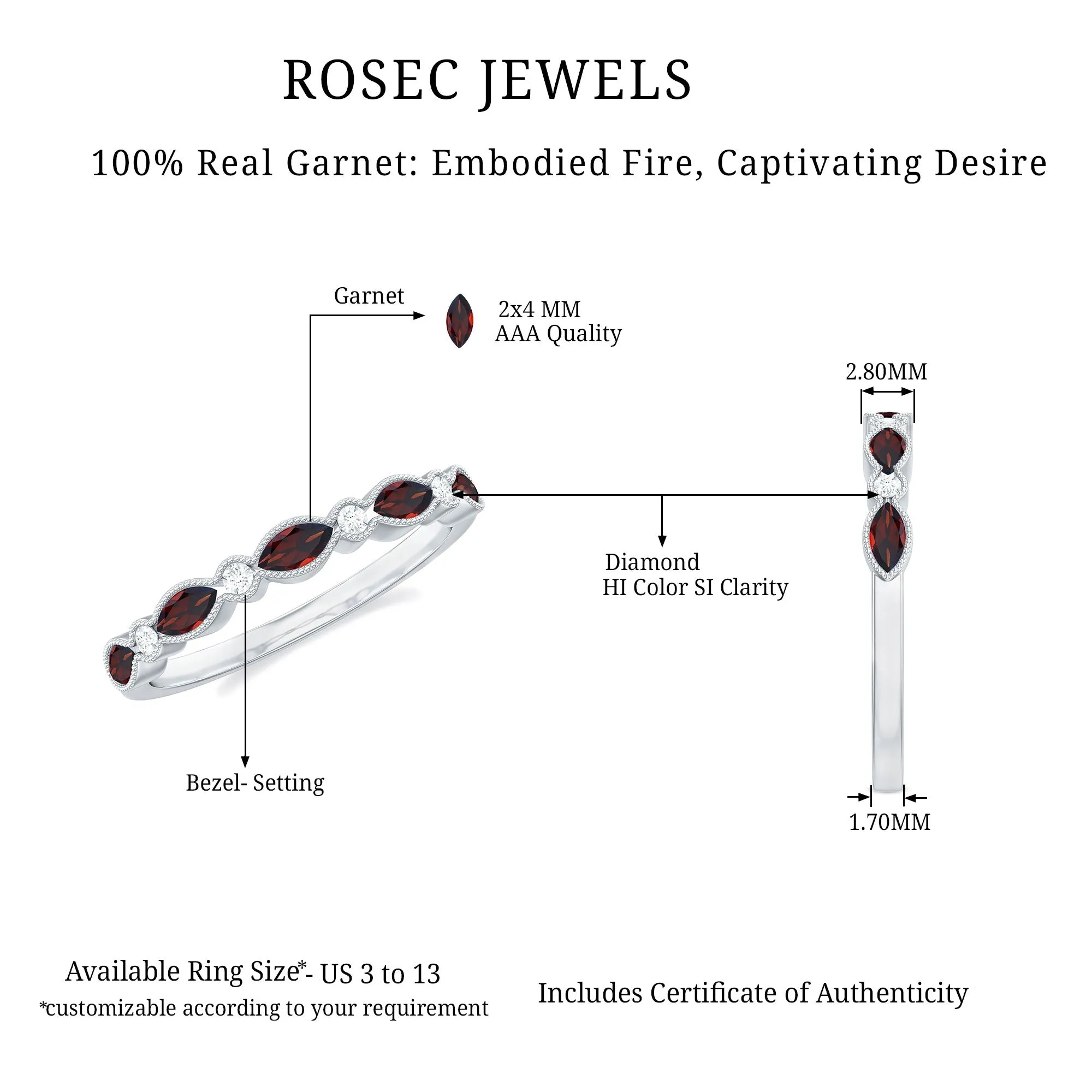 East West Half Eternity Ring with Marquise Cut Garnet and Diamond
