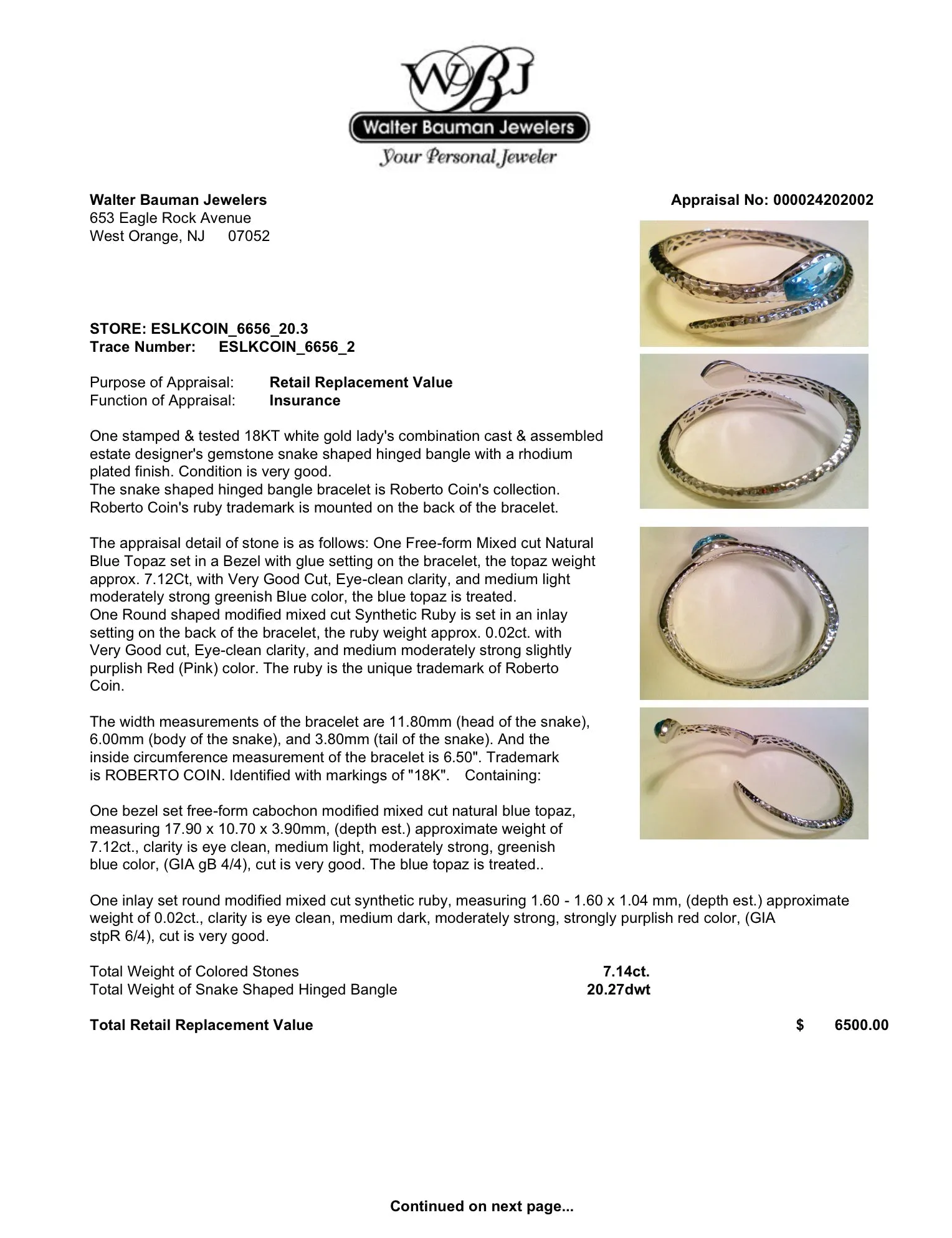 Estate Roberto Coin 18K W Gold 13.10ctw Blue Topaz Snake Bangle & Ring Set