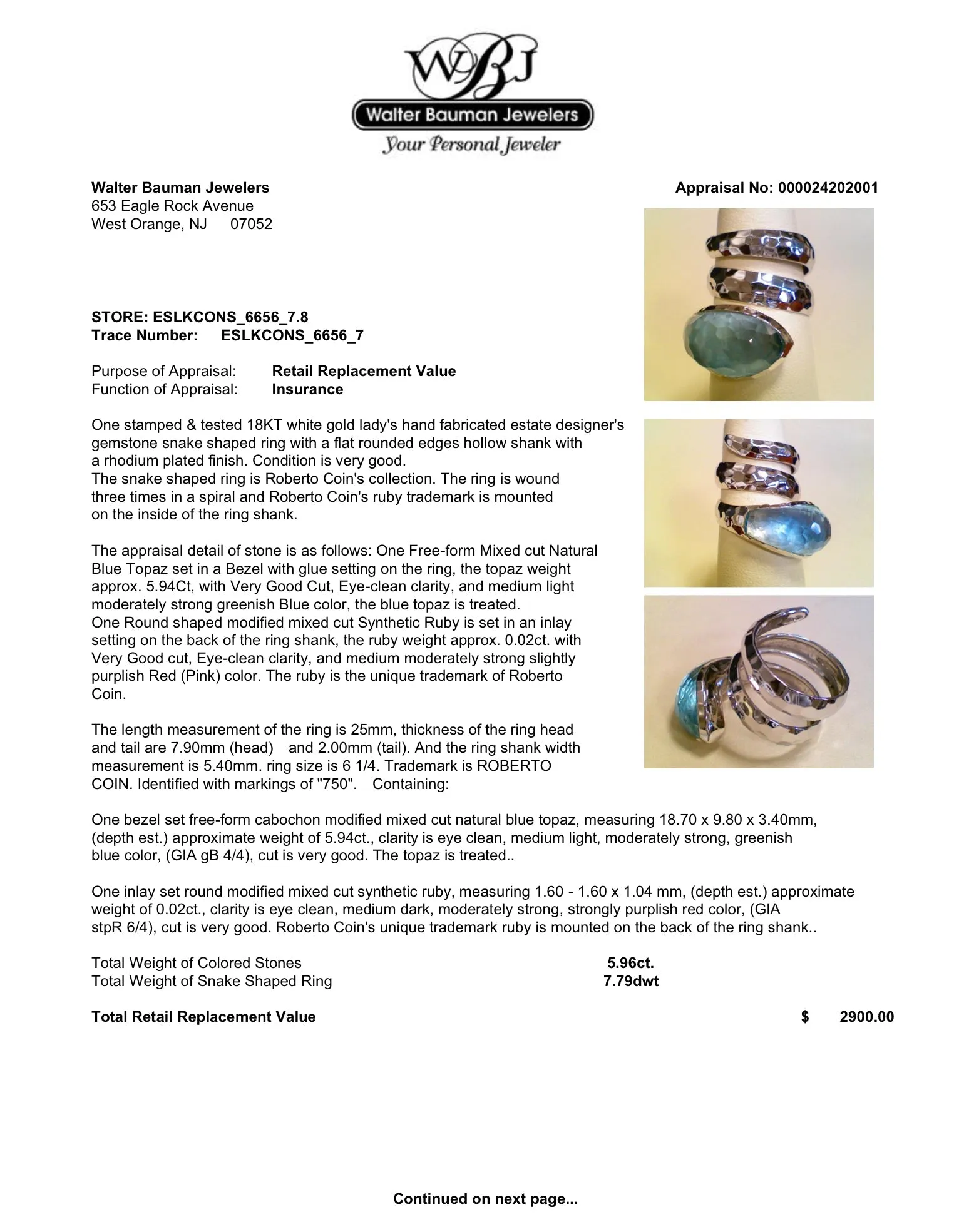 Estate Roberto Coin 18K W Gold 13.10ctw Blue Topaz Snake Bangle & Ring Set