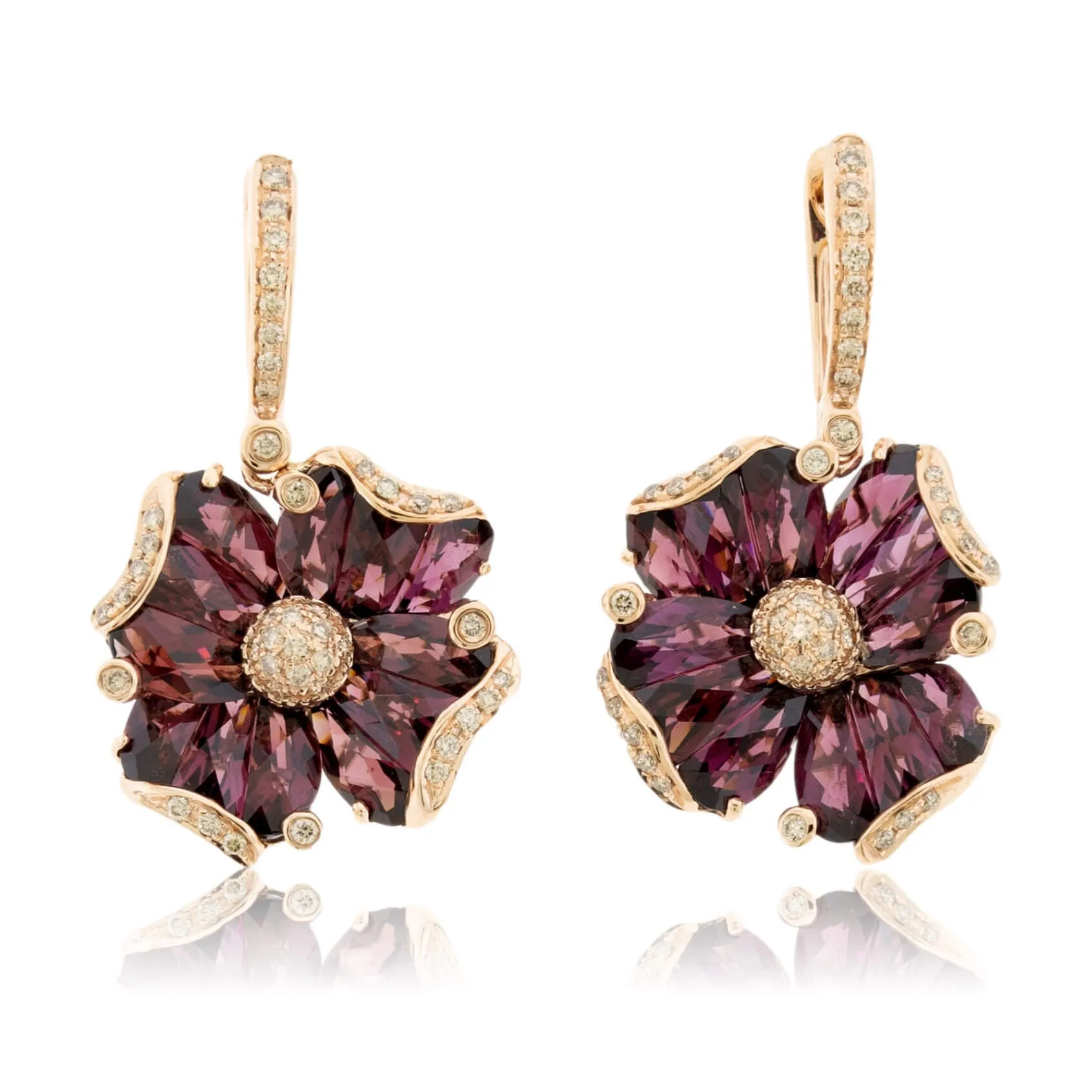 Fancy Cut Rhodolite Garnet & Diamond Flower Dangle Earrings