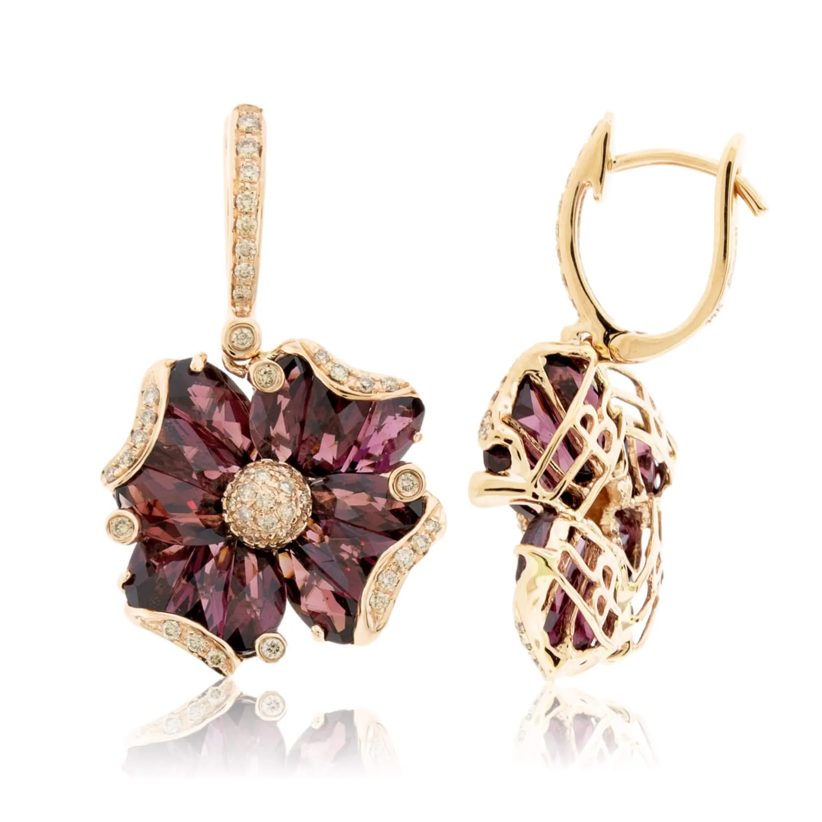 Fancy Cut Rhodolite Garnet & Diamond Flower Dangle Earrings