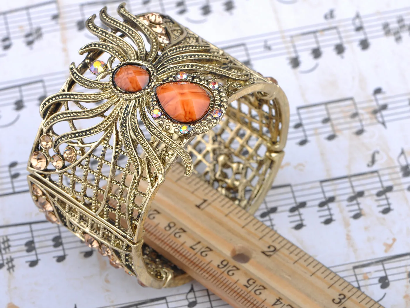 Filigree Orange Topaz Spider Web Nature Bracelet Cuff