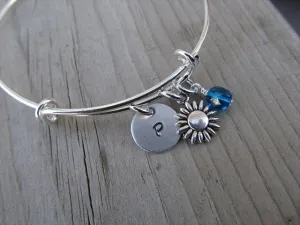 Flower Charm Bracelet- Adjustable Bangle Bracelet with an Initial Charm and an Accent Bead of your choice
