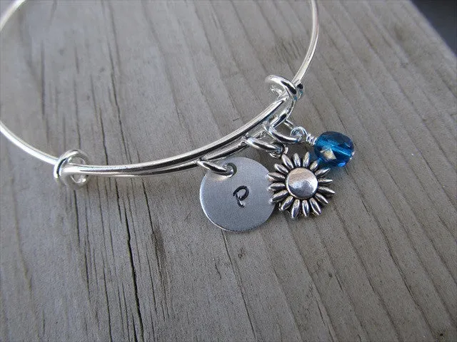 Flower Charm Bracelet- Adjustable Bangle Bracelet with an Initial Charm and an Accent Bead of your choice