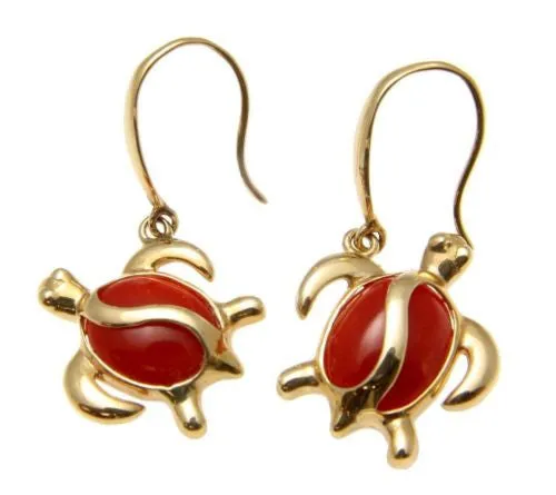 GENUINE NATURAL RED CORAL HOOK EARRINGS HAWAIIAN HONU TURTLE 14K YELLOW GOLD