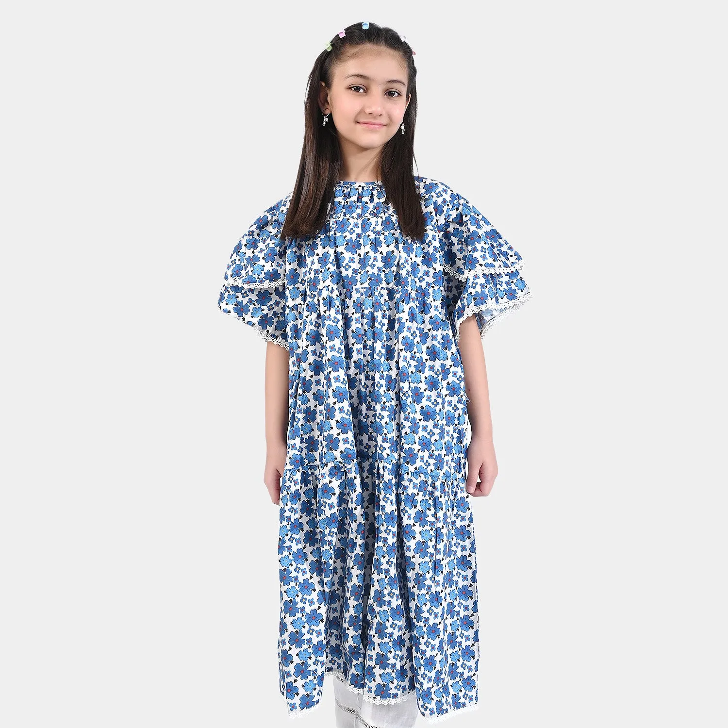 Girls Cotton Poplin Long Dress Blue Bell-Blue