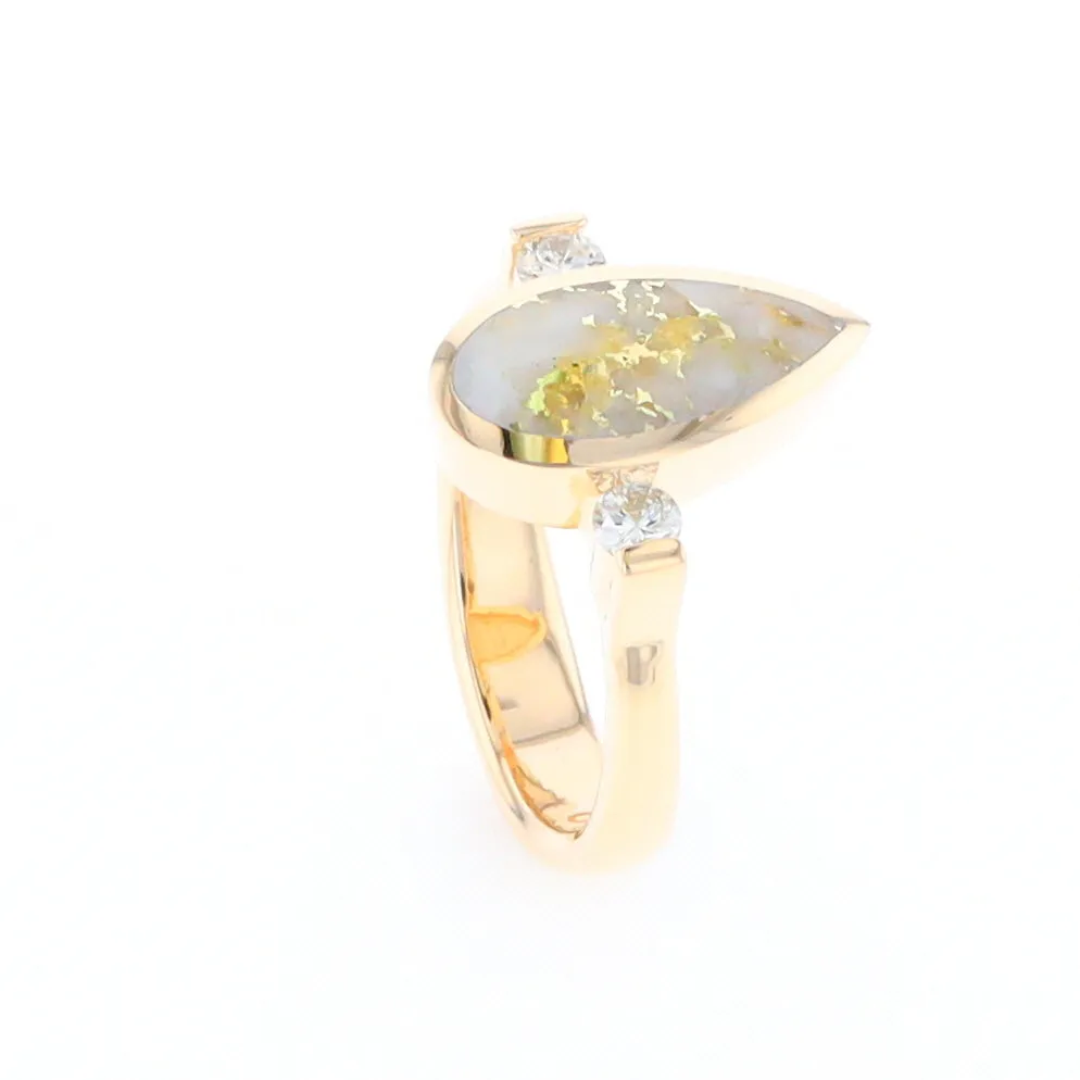 Gold Quartz Ring Pear Shape Inlaid with .18ctw Round Diamonds