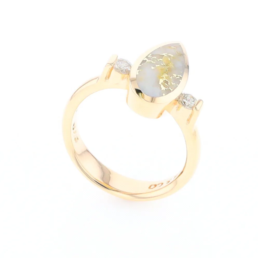 Gold Quartz Ring Pear Shape Inlaid with .18ctw Round Diamonds