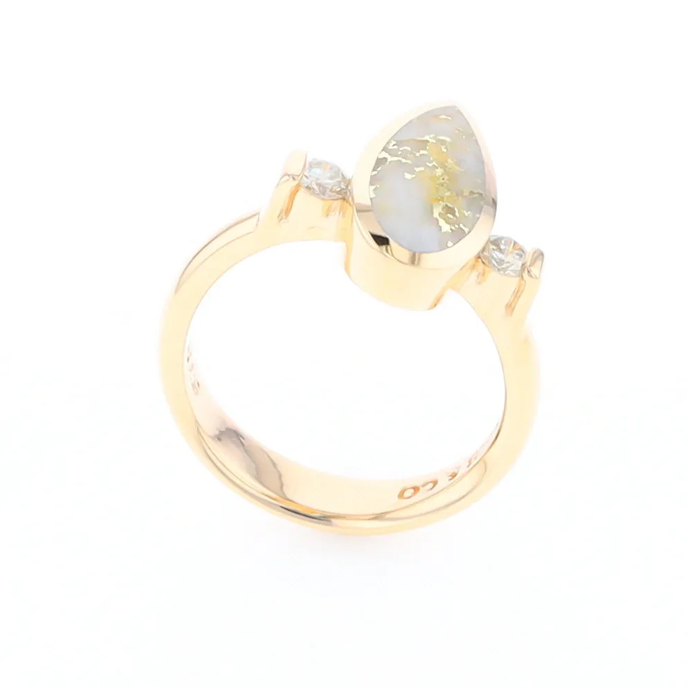 Gold Quartz Ring Pear Shape Inlaid with .18ctw Round Diamonds