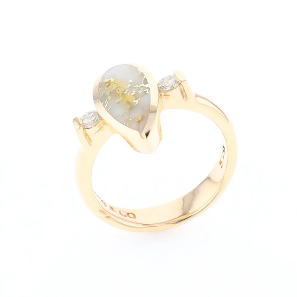 Gold Quartz Ring Pear Shape Inlaid with .18ctw Round Diamonds
