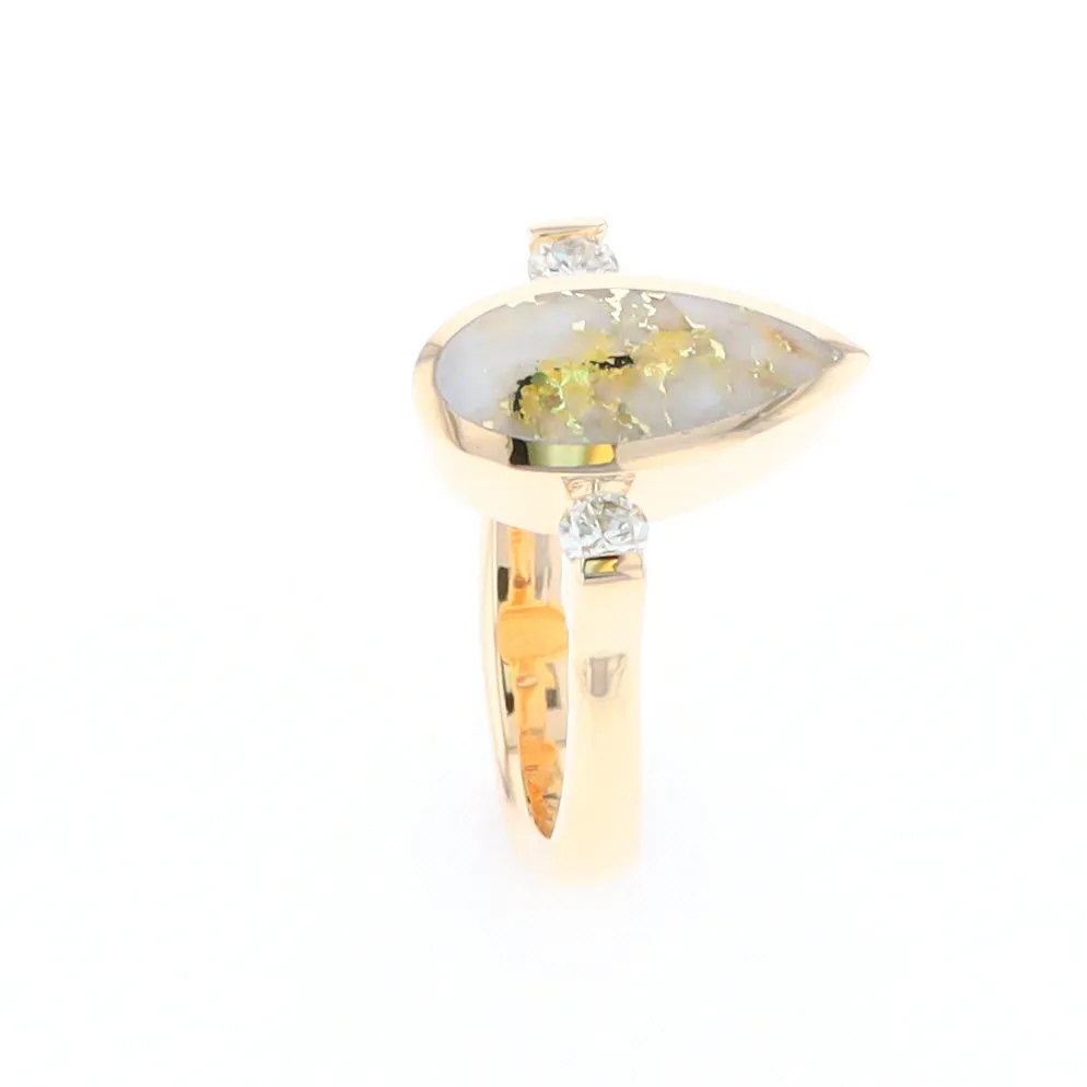 Gold Quartz Ring Pear Shape Inlaid with .18ctw Round Diamonds